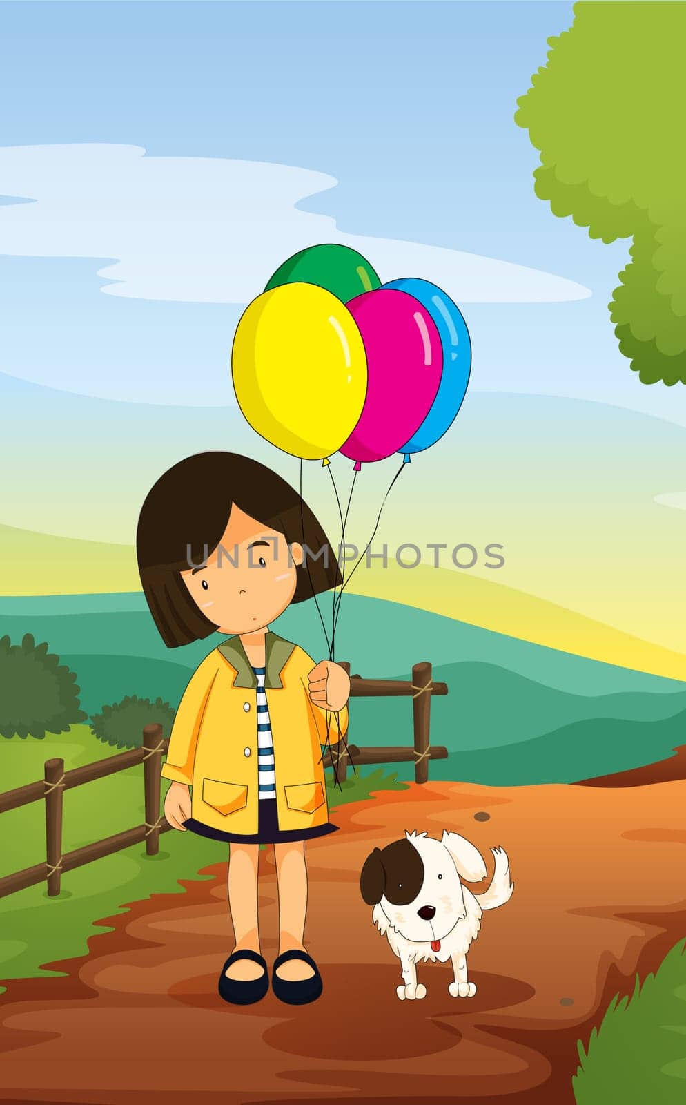 illustration of a girl and dog in a beautiful nature