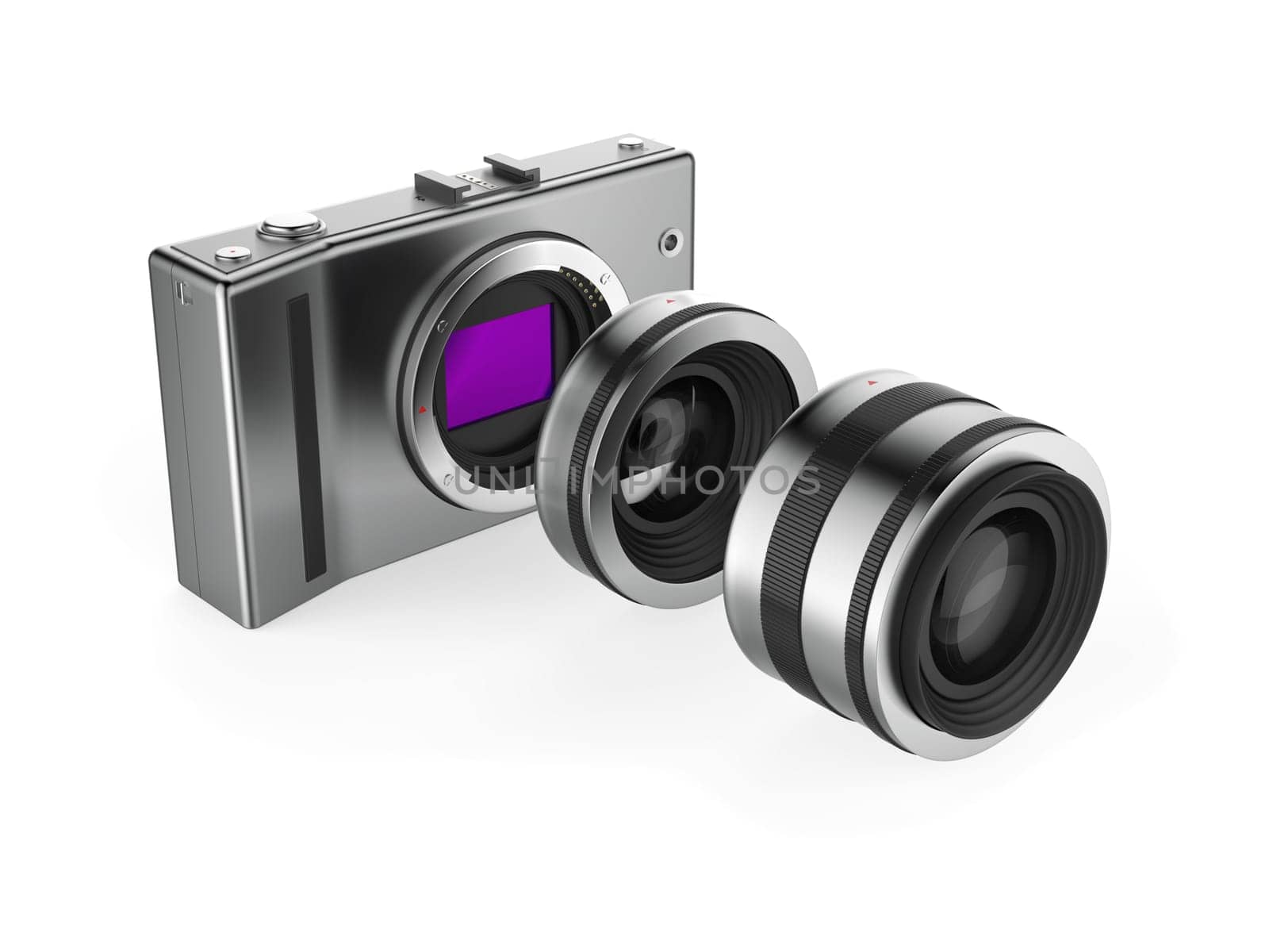 Mirrorless camera with lenses on white background