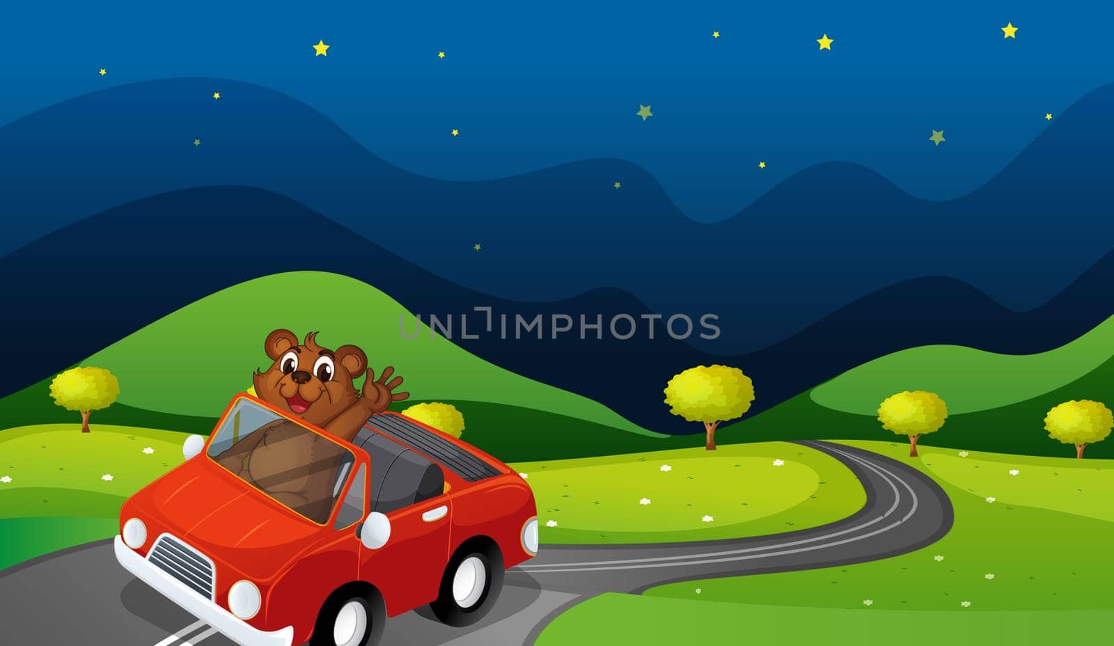 illustration of a bear and a car in a beautiful nature