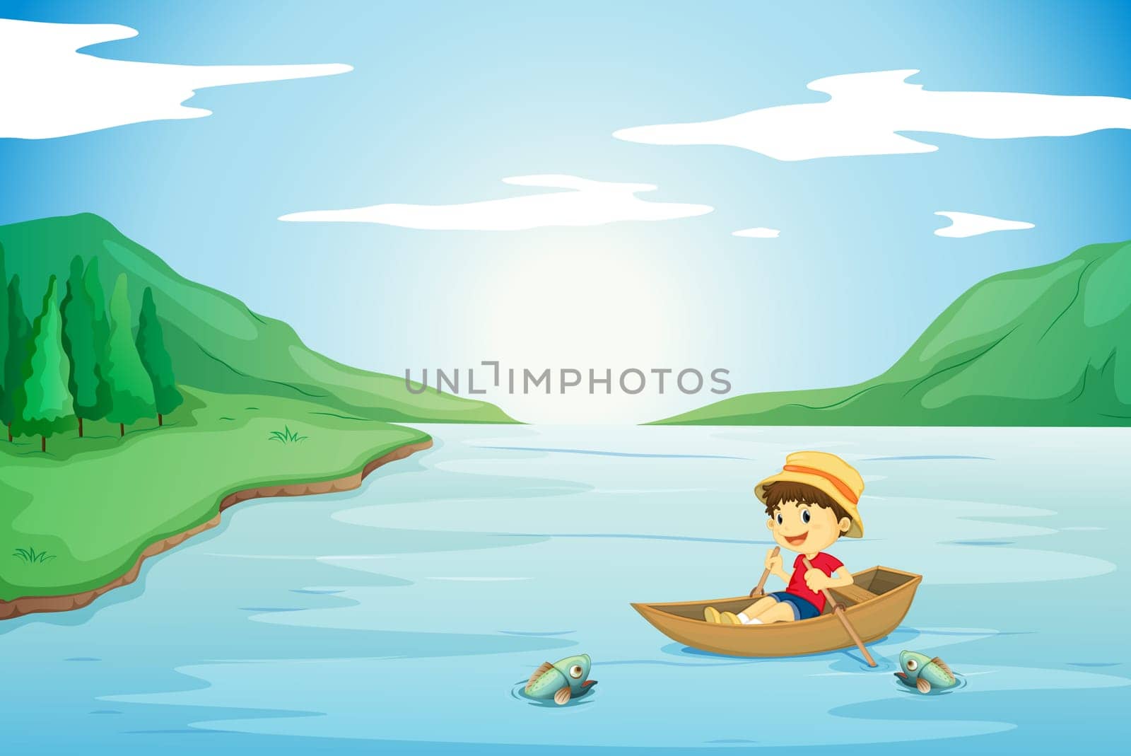 illustration of a boy rowing in a boat in nature