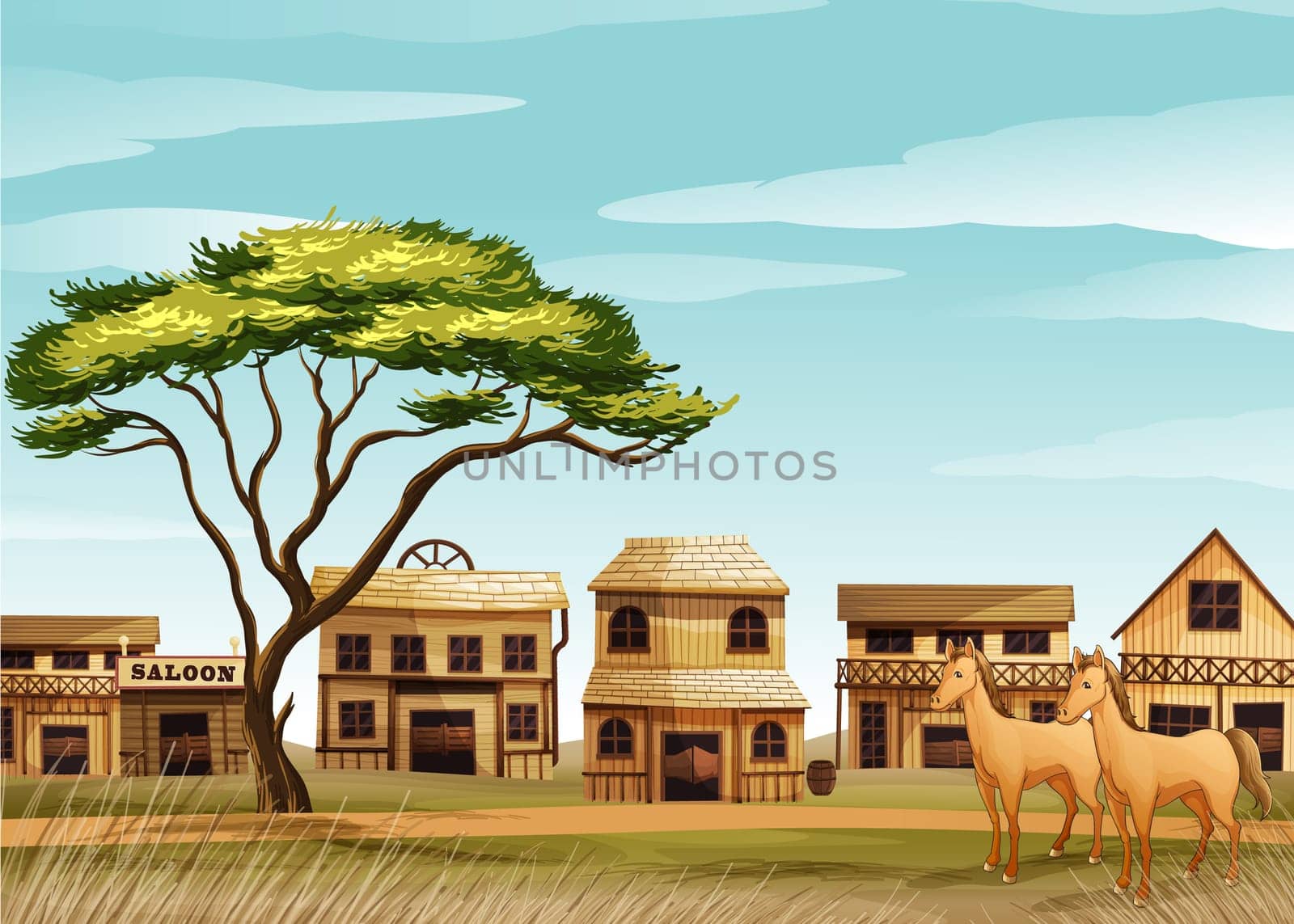 illustration of horses and a house in a beautiful nature