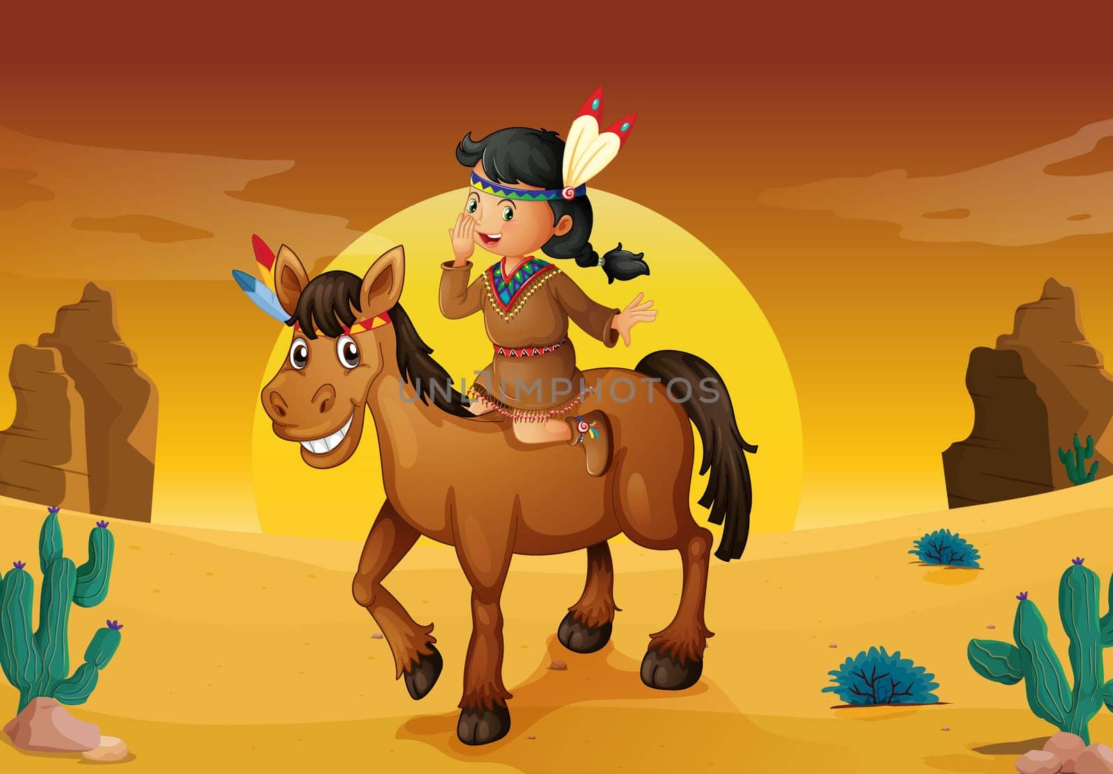 illustration of girl and horse in a desert