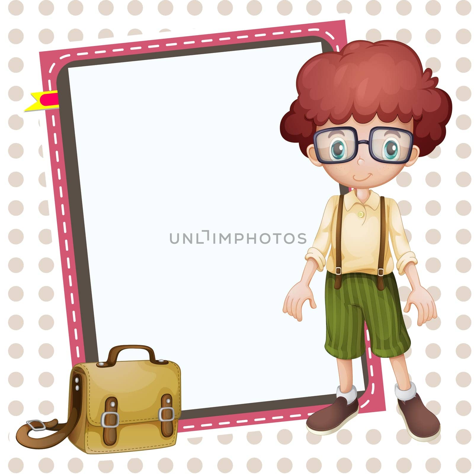 illustration of a boy, a school bag and a white board