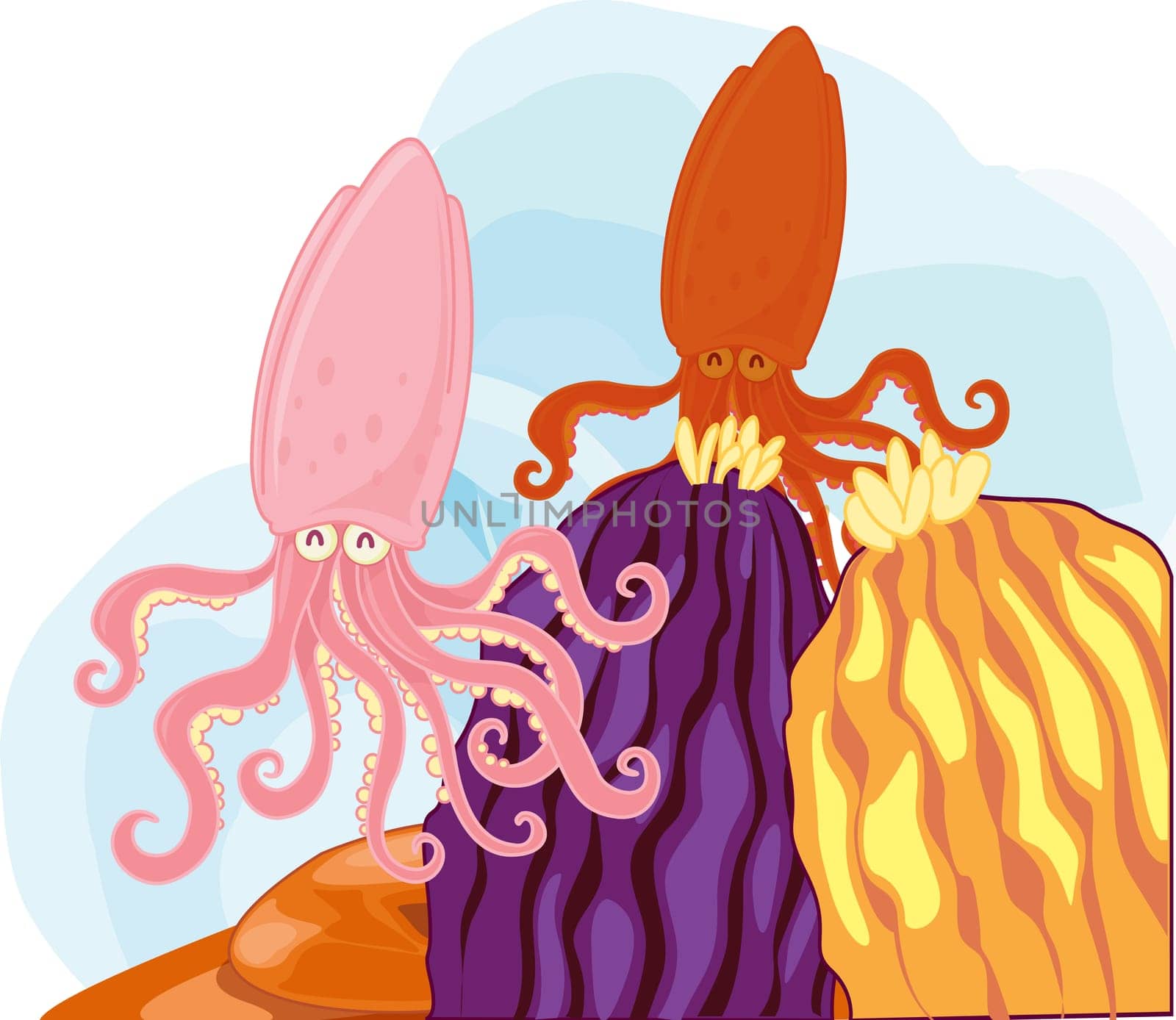 Two happy squid swimming past rocks