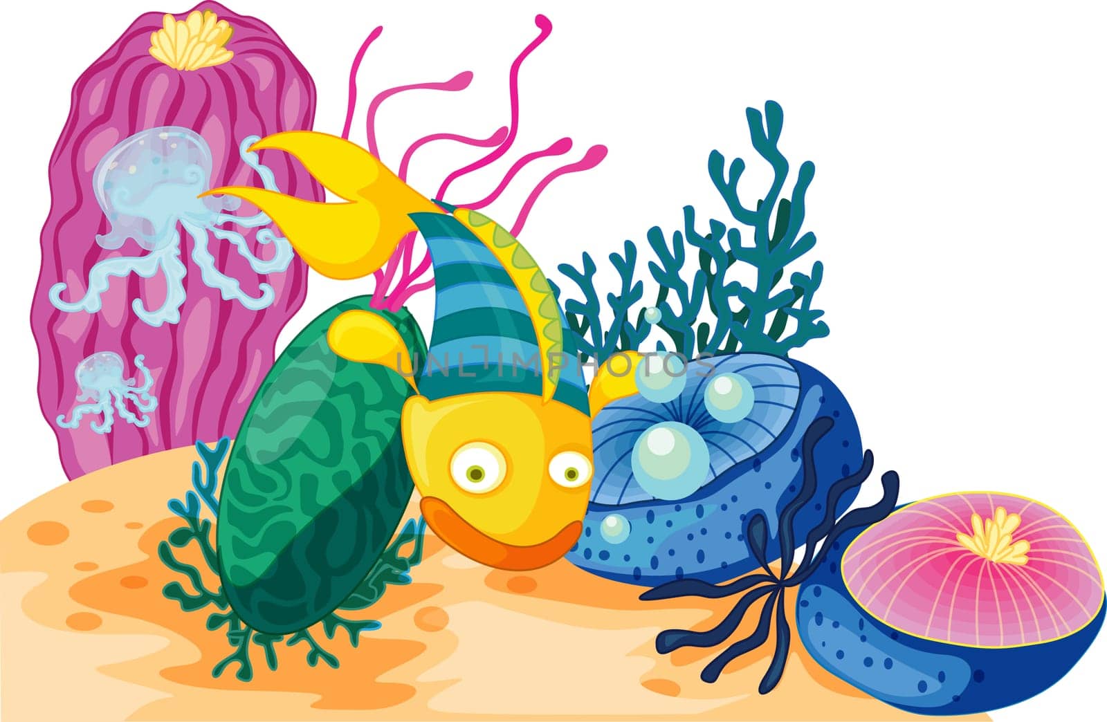 Yellow and green fish with two jellyfish