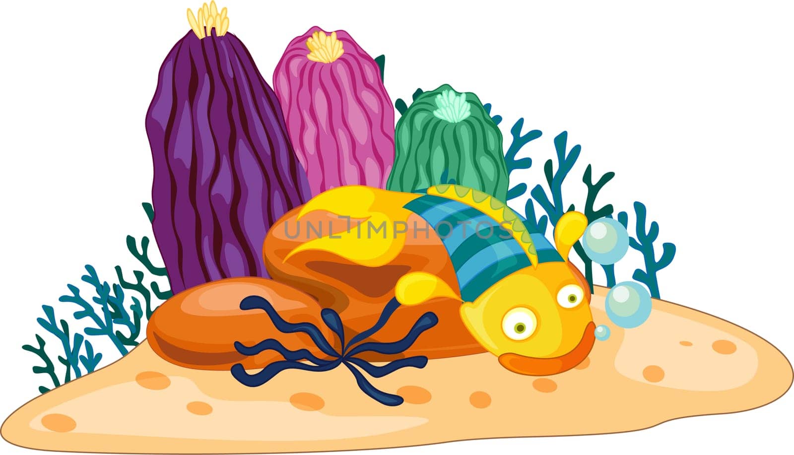 Blue and yellow stiped fish with plants