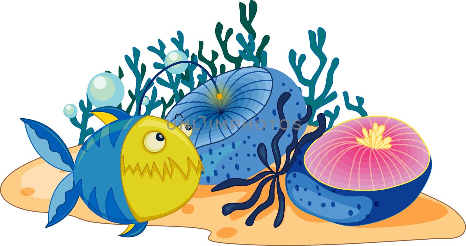 Anglerfish swimming past aquatic plants