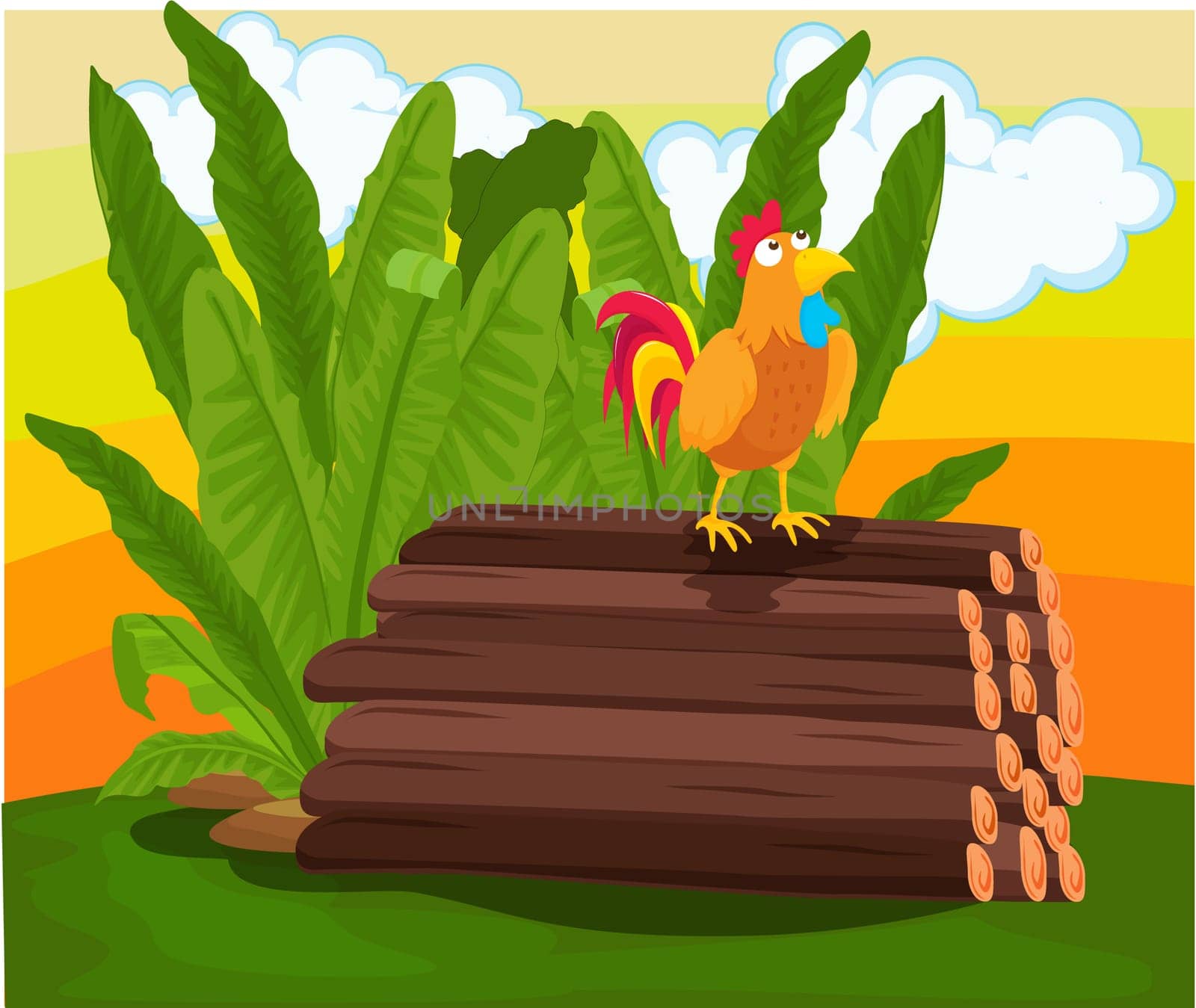 Cockerel standing on pile of logs