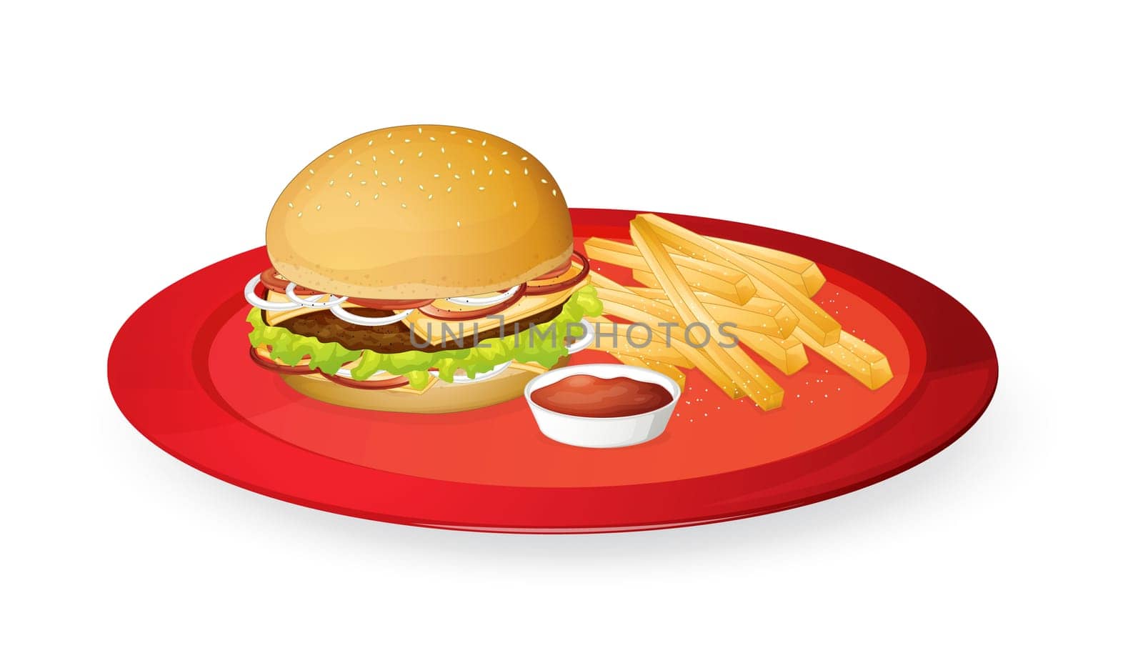 illustration of fingerchips and burger in a red dish