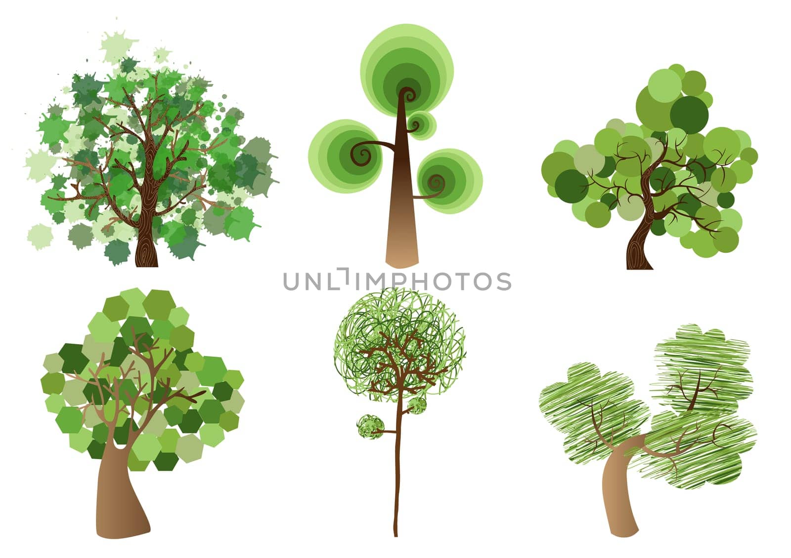 Multicolored tree set isolated over white. EPS10 file version. This illustration contains transparencies and is layered for easy manipulation and custom coloring