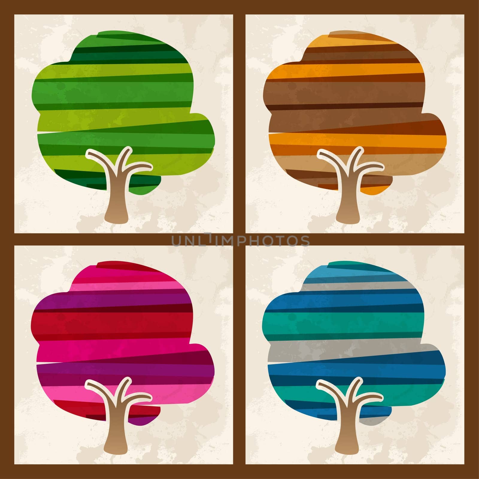 Multicolored transparent season banded tree set: spring, autumn, winter, summer. EPS10 file version. This illustration contains transparencies and is layered for easy manipulation and custom coloring