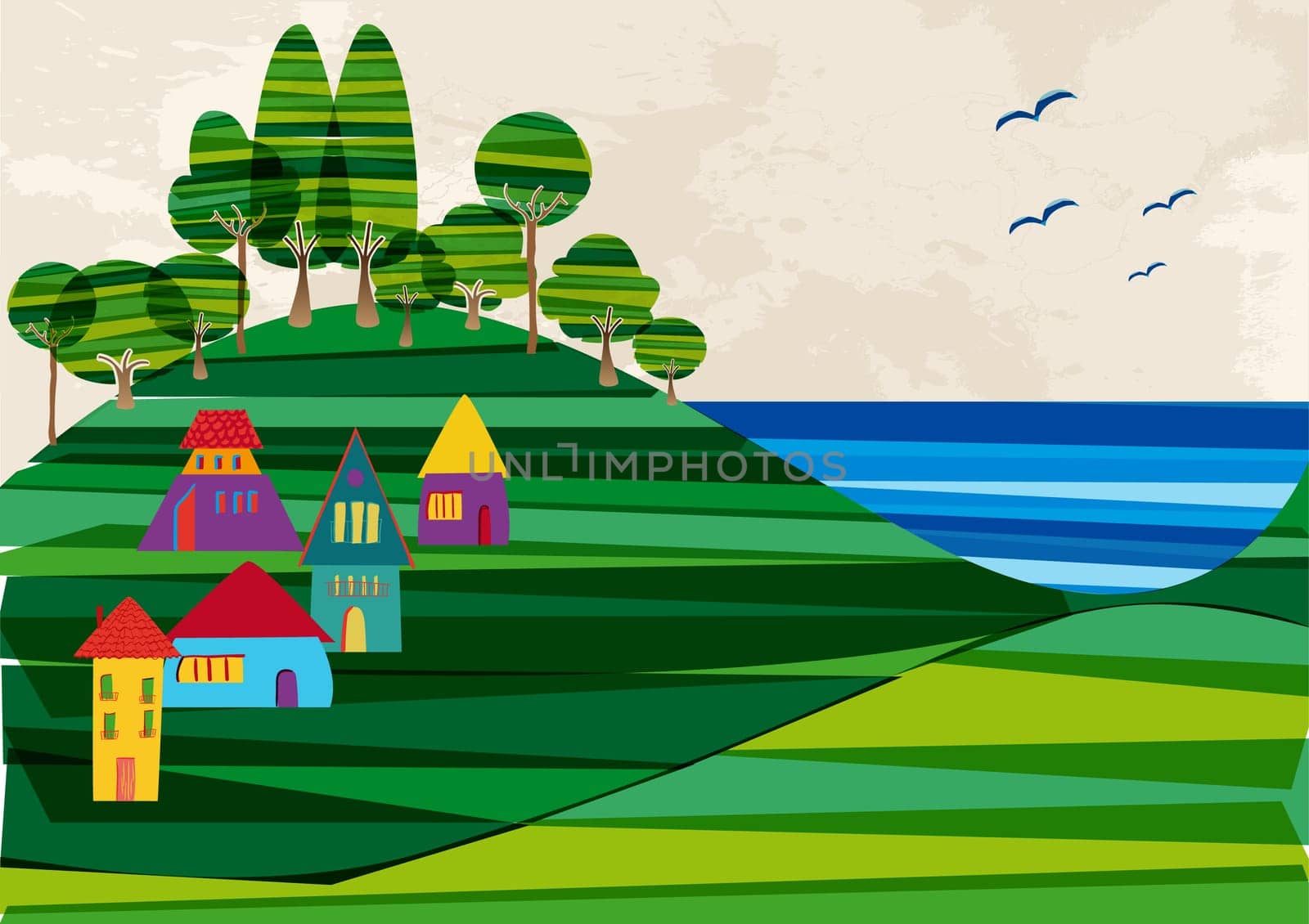 Multicolored transparent banded town near the shore. EPS10 file version. This illustration contains transparencies and is layered for easy manipulation and custom coloring