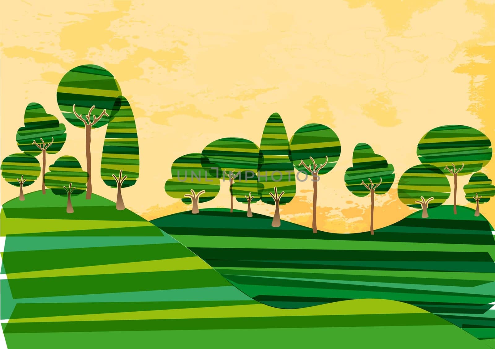 Multicolored transparent banded forest countryside. EPS10 file version. This illustration contains transparencies and is layered for easy manipulation and custom coloring