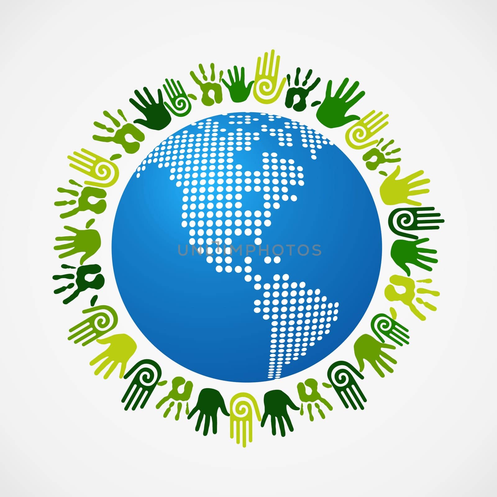 Go green human hand around America world map. Vector file layered for easy manipulation and custom coloring.