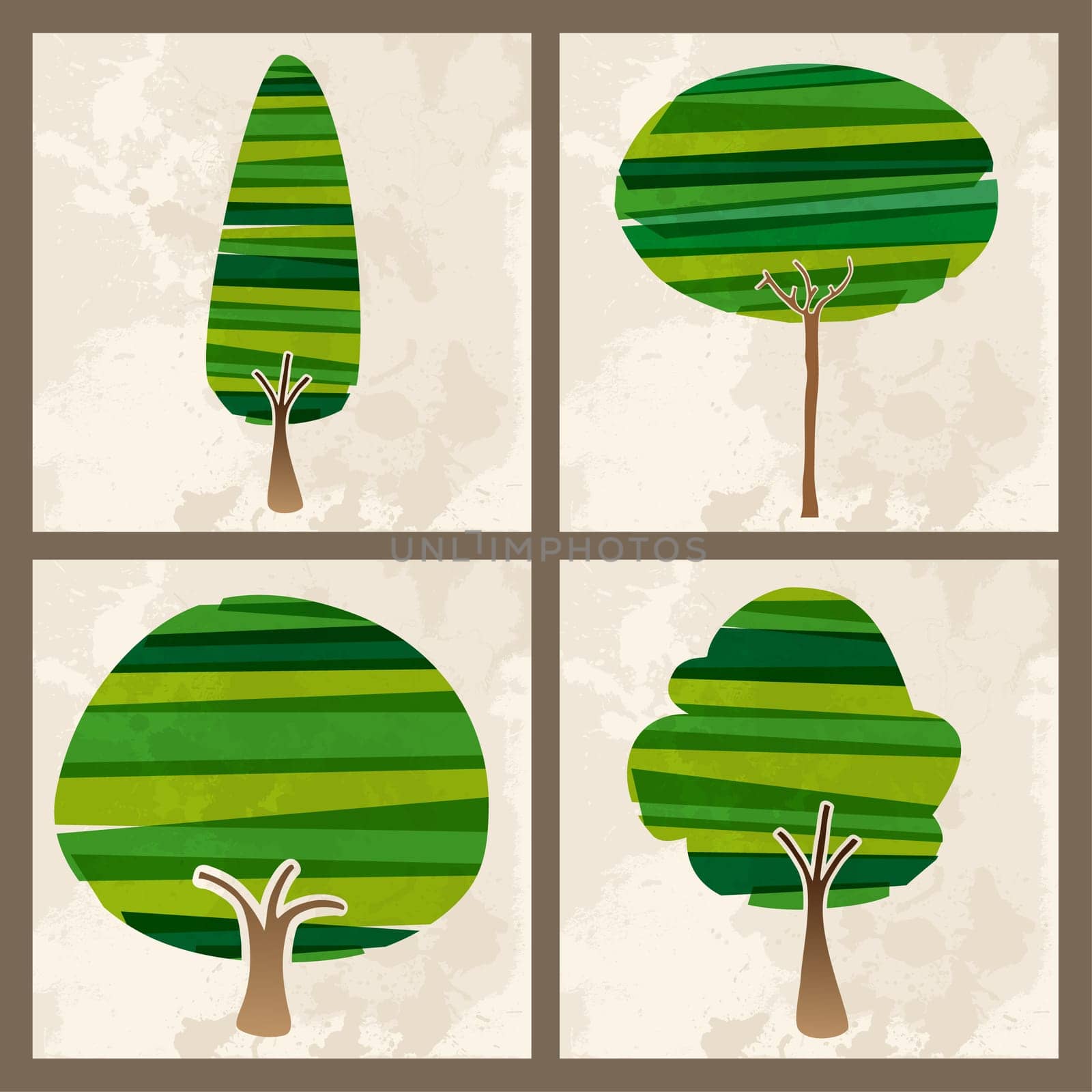 Contemporary green transparent banded tree set. EPS10 file version. This illustration contains transparencies and is layered for easy manipulation and custom coloring