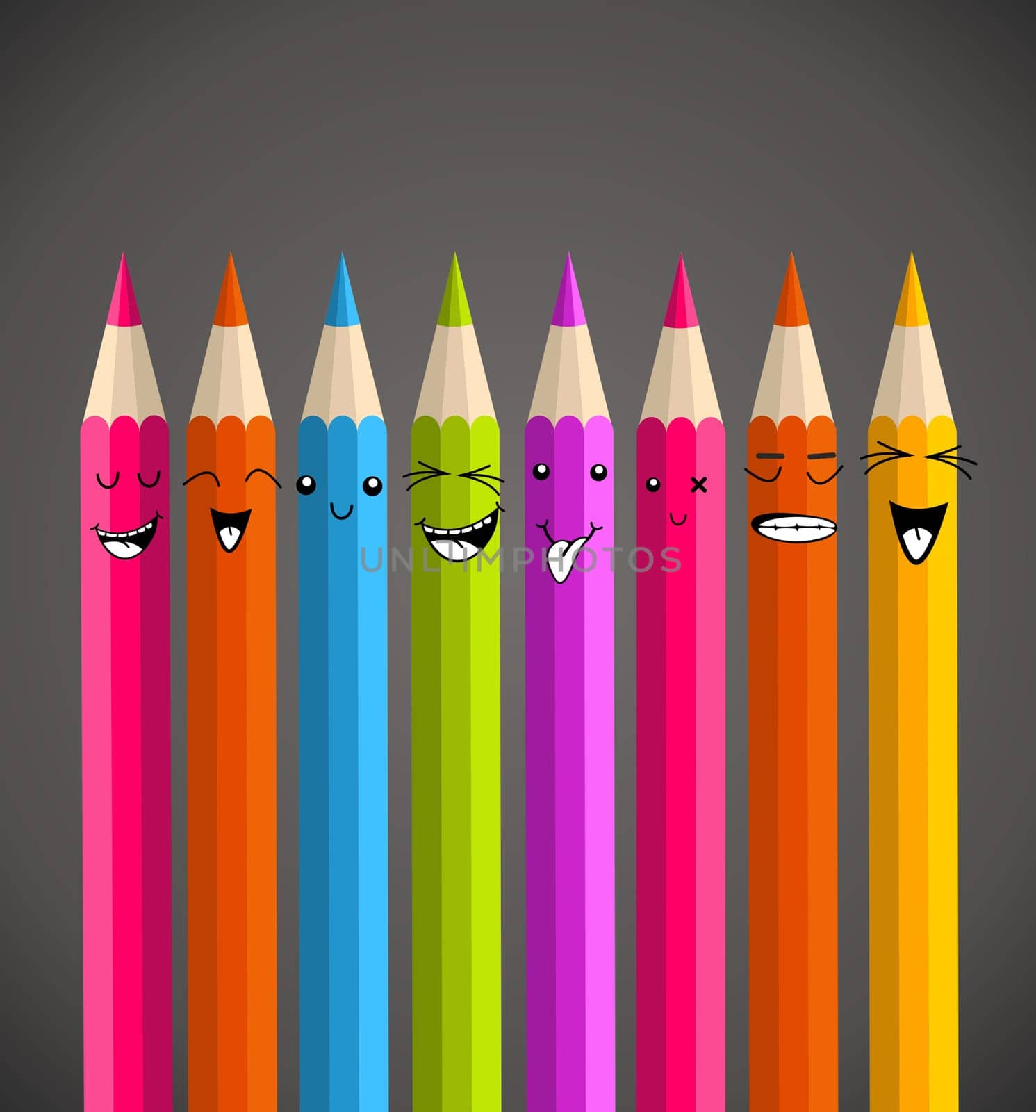 Colorful rainbow pencil, happy face cartoon. Vector illustration layered for easy manipulation and custom coloring.