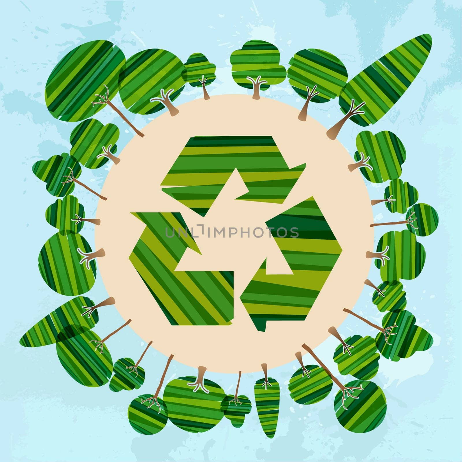 Multicolored transparent banded trees around recycle symbol world. EPS10 file version. This illustration contains transparencies and is layered for easy manipulation and custom coloring