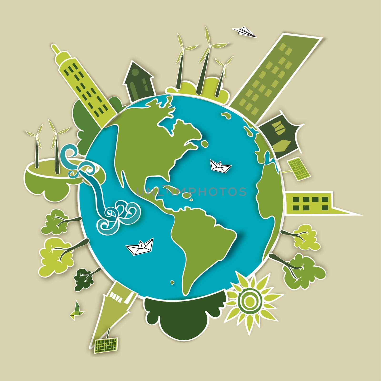 Go green world. Industry sustainable development with environmental conservation background illustration. Vector file layered for easy manipulation and custom coloring.