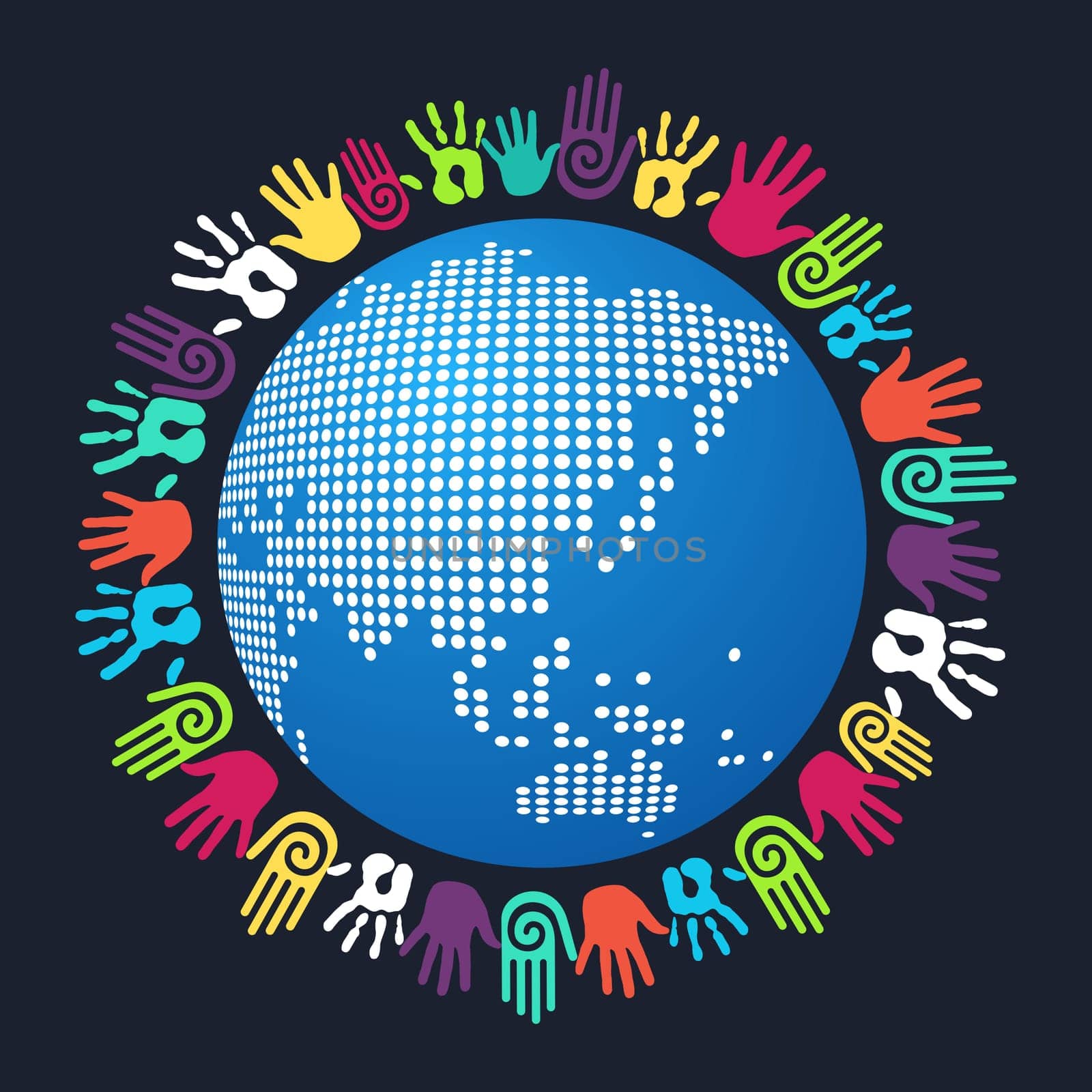 Colorful people hand around Asian world map. Vector file layered for easy manipulation and custom coloring.