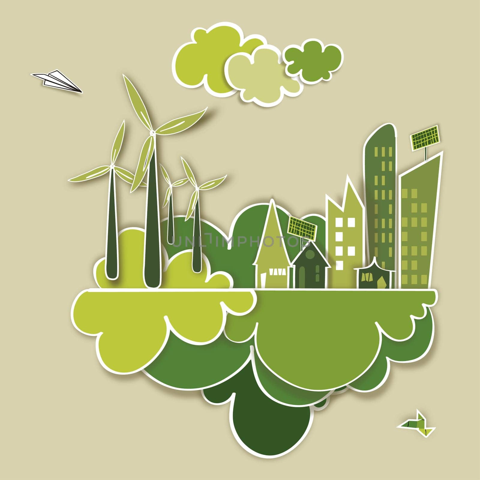 Ecology town, industry sustainable development with environmental conservation background illustration. Vector file layered for easy manipulation and custom coloring.