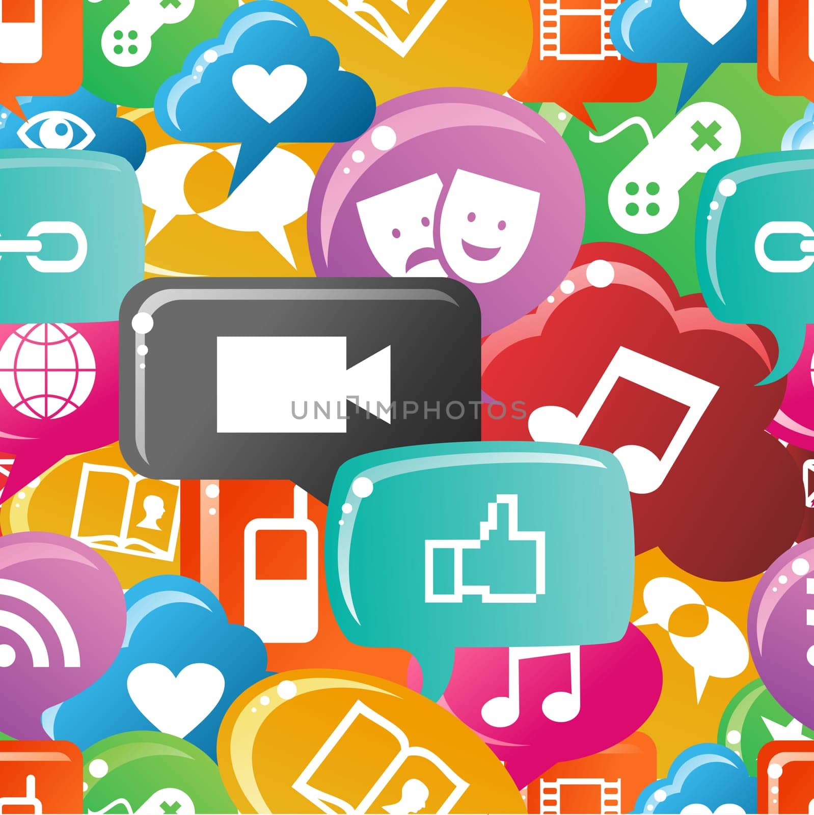Social media icons set in colorful bubble speech pattern. Vector file layered for easy manipulation and custom coloring.