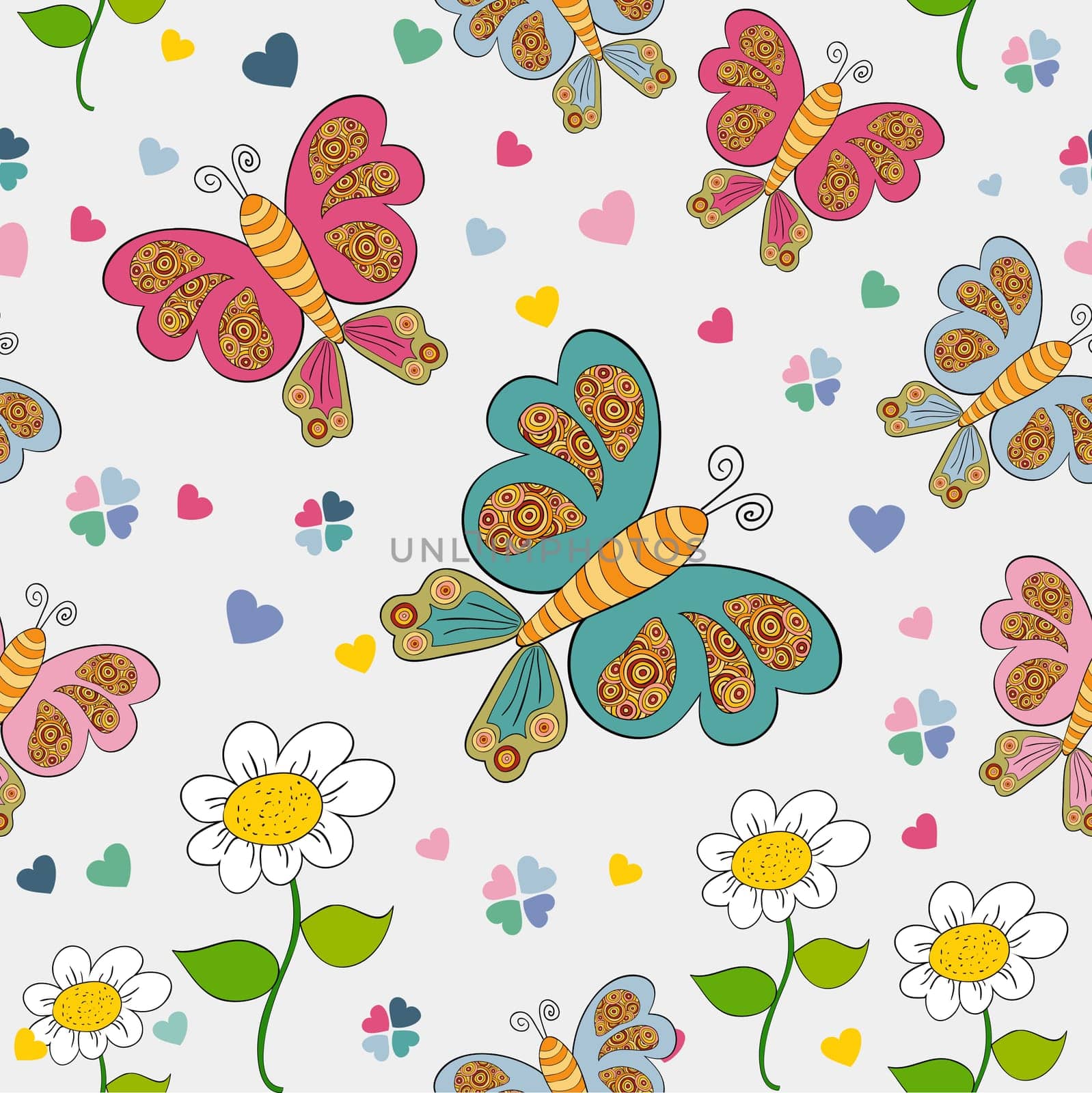 Spring time seamless pattern with flower and butterfly background. Vector illustration layered for easy manipulation and custom coloring.