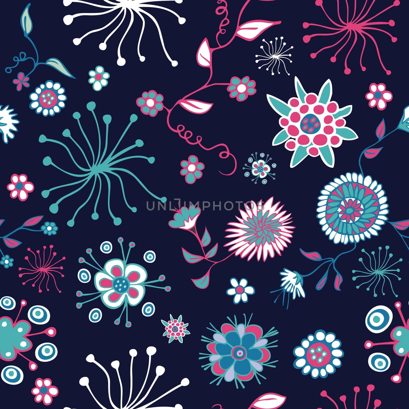 Color abstract nature seamless pattern with floral on navy background. Vector illustration layered for easy manipulation and custom coloring.