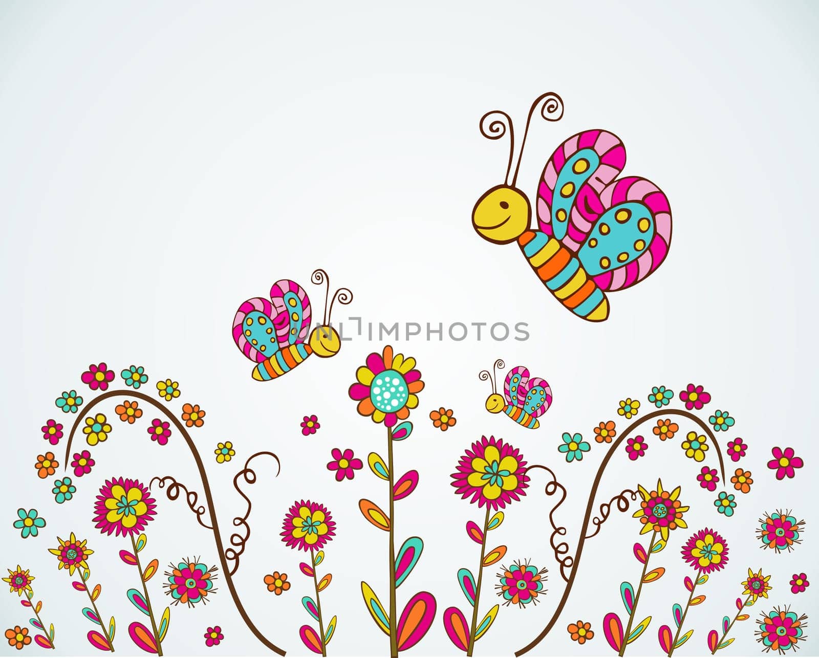 Colorful spring flower and butterfly hand draw background. Vector illustration layered for easy manipulation and custom coloring.