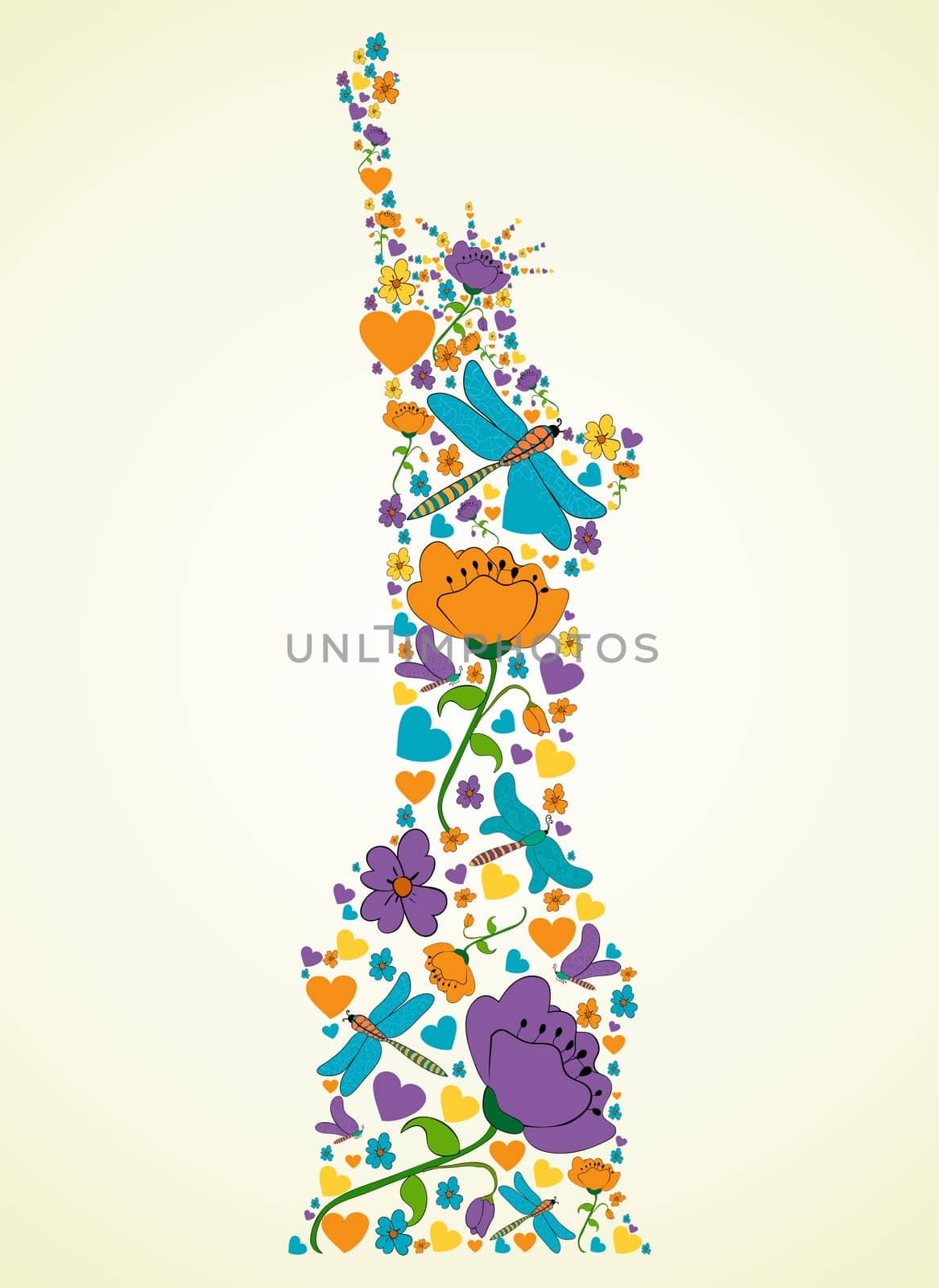 Spring flower and butterfly icons texture in New York Liberty statue skyline silhouette shape composition background. Vector illustration layered for easy manipulation and custom coloring.