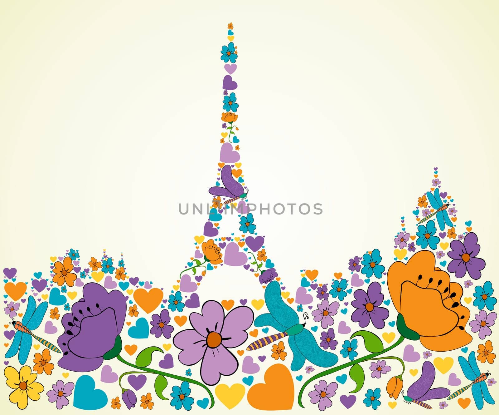 Spring flower and butterfly icons texture in Paris skyline silhouette shape composition background. Vector illustration layered for easy manipulation and custom coloring.