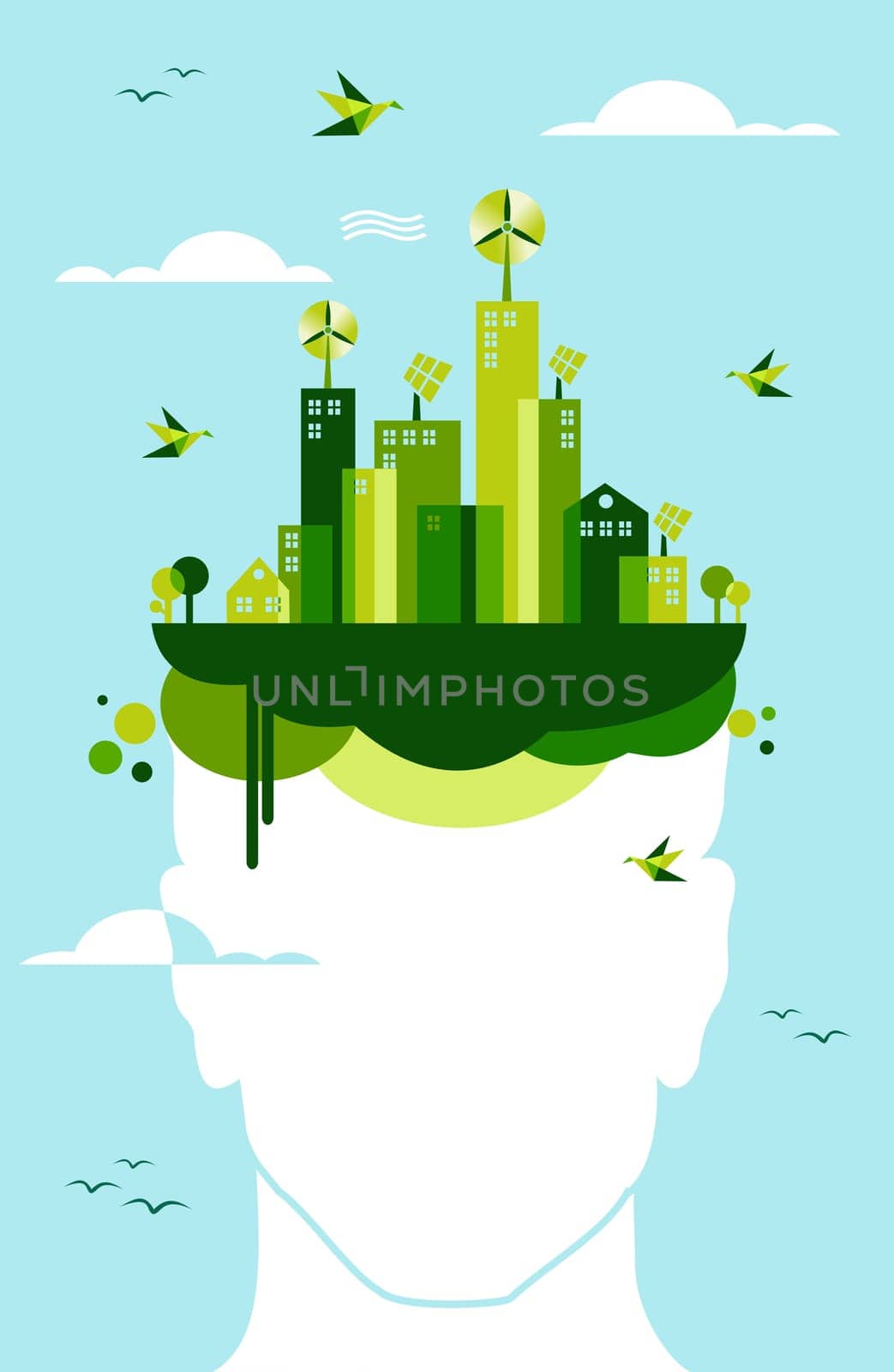 Think green concept. People head and green city town background. Vector file layered for easy manipulation and custom coloring.