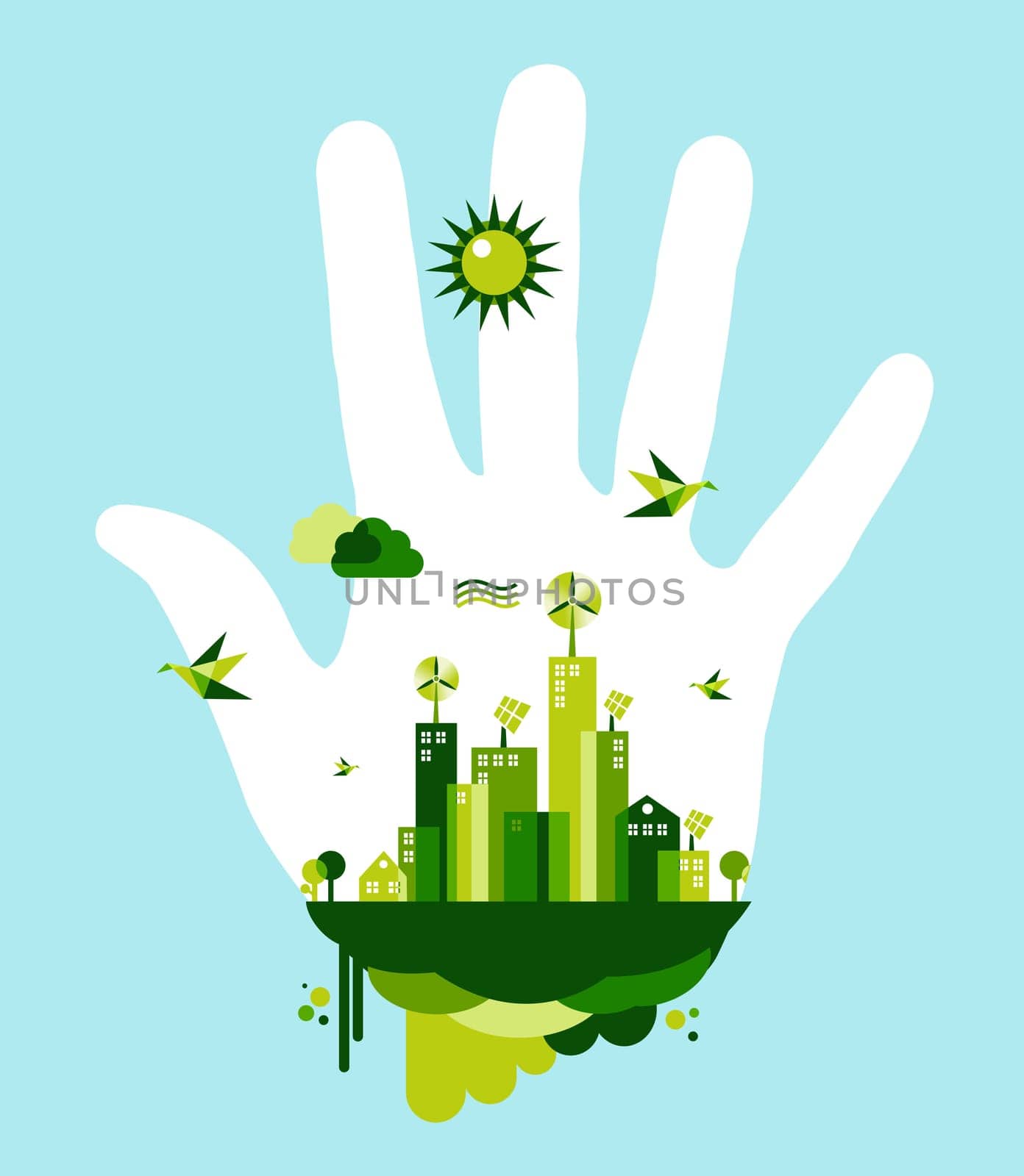 People hand and green city town on blue sky background. Environmental conservation concept illustration. Vector file layered for easy manipulation and custom coloring.