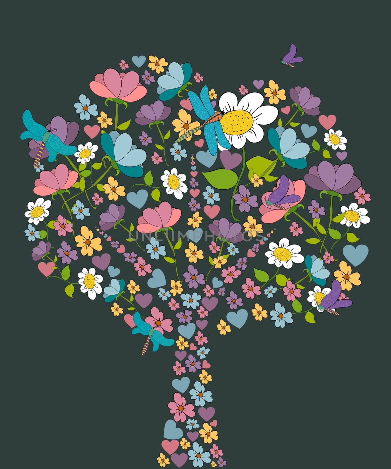 Colorful flower and dragonfly spring tree shape. Vector illustration layered for easy manipulation and custom coloring.