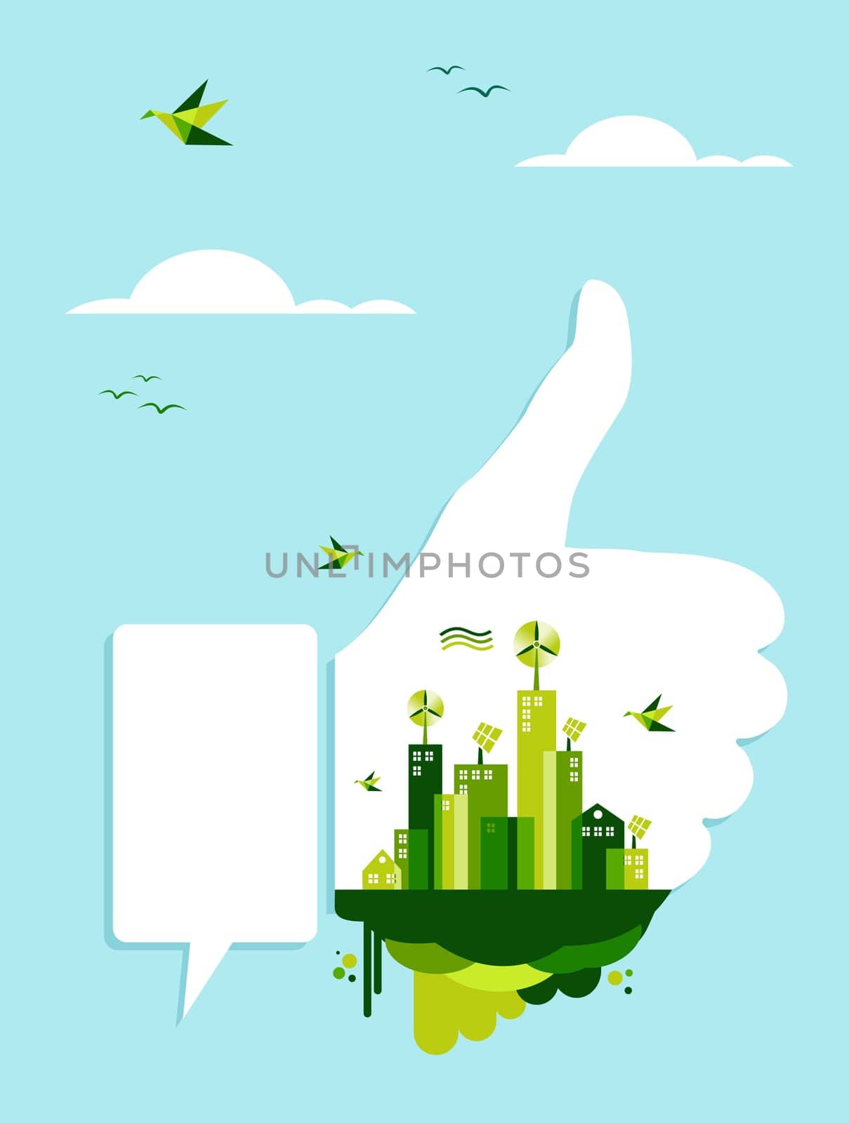 People hand like and green city town on blue sky background. Environmental conservation concept illustration. Vector file layered for easy manipulation and custom coloring.