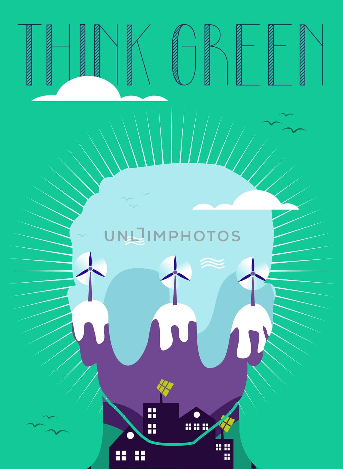 Think green text. people head and green landscape background. Vector file layered for easy manipulation and custom coloring.