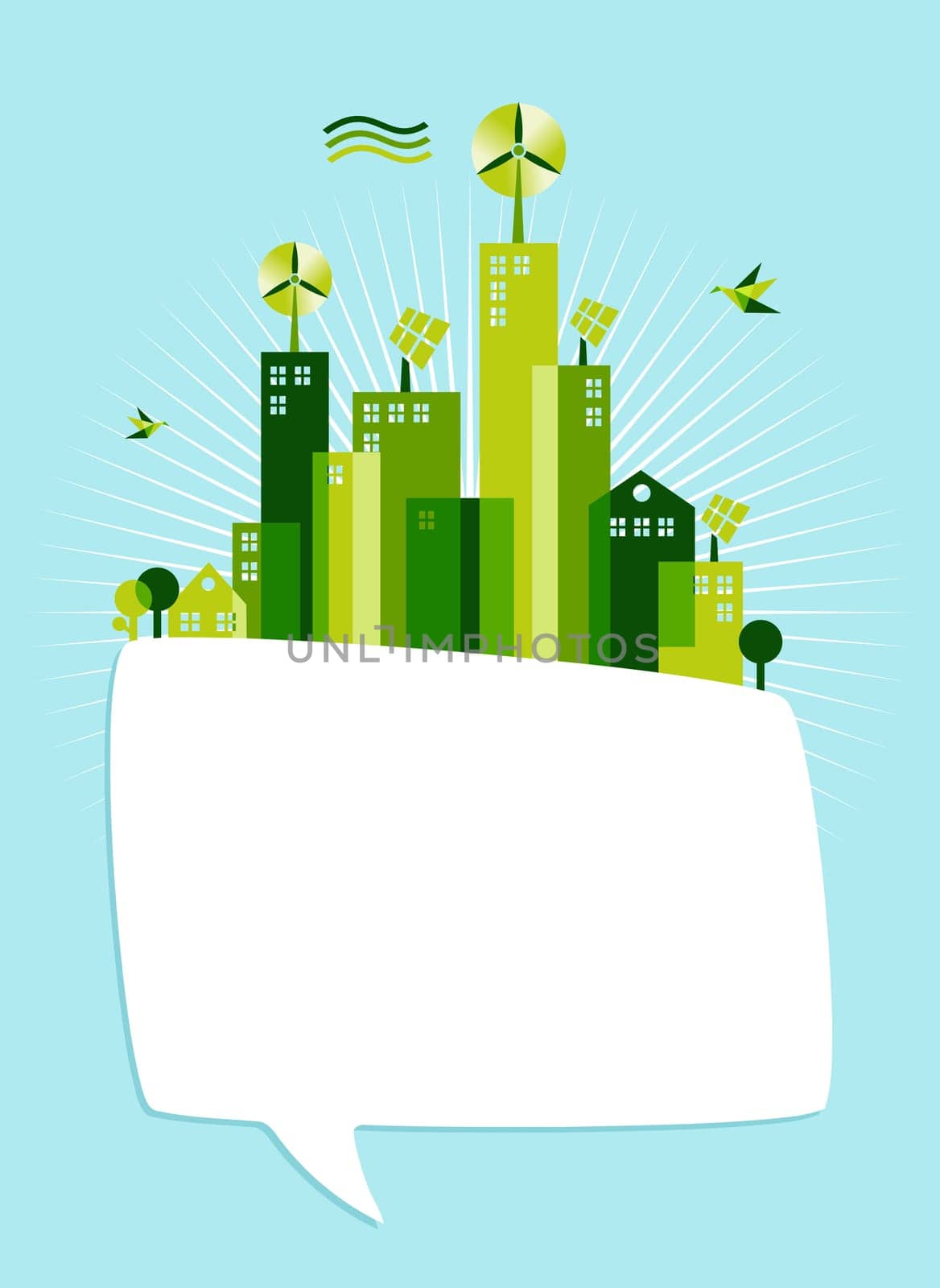 Green city town end social media speech bubble on blue sky background. Communication and environmental conservation concept illustration. Vector file layered for easy manipulation and custom coloring.