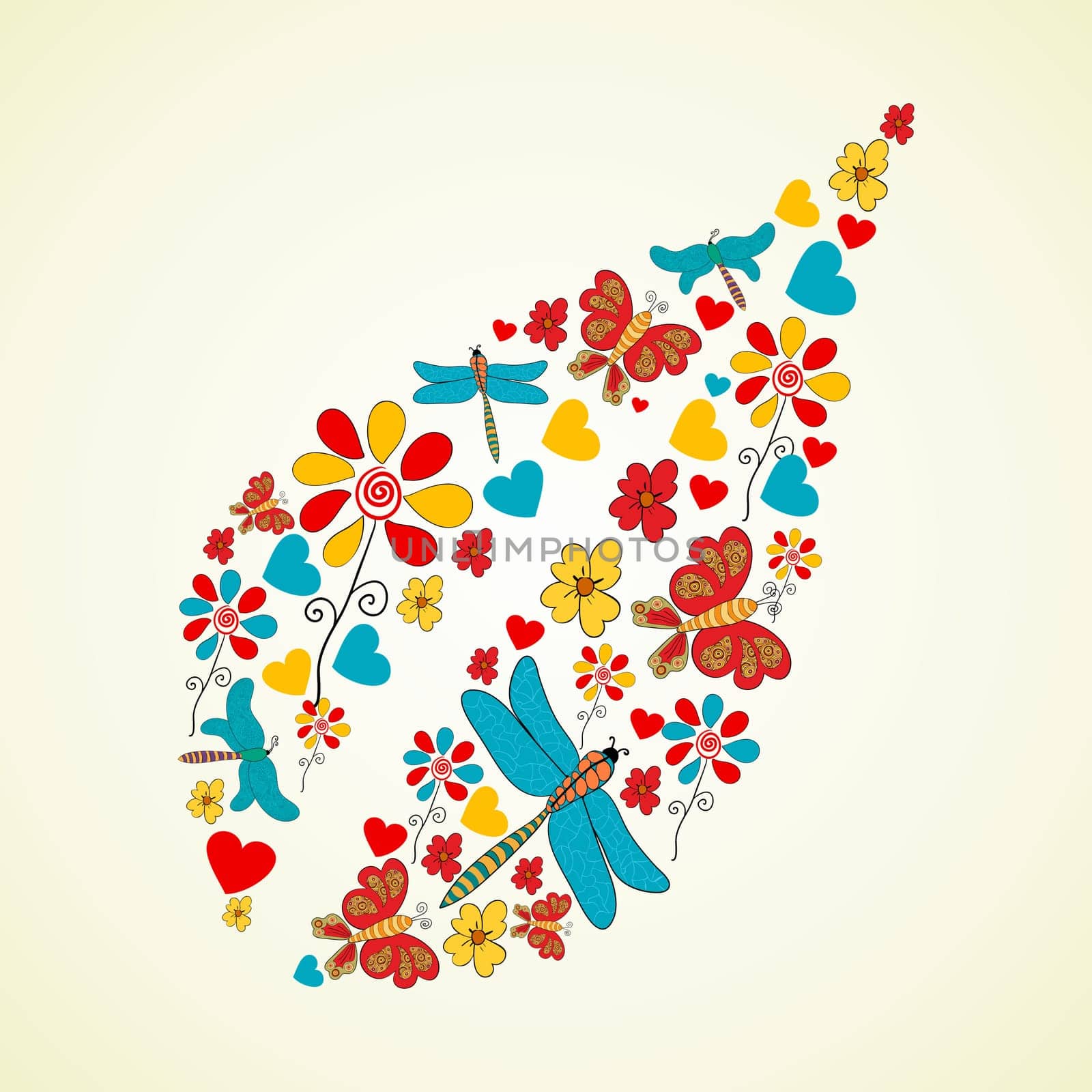 Spring flowers, dragonfly and heart leaf shape background. Vector illustration layered for easy manipulation and custom coloring.