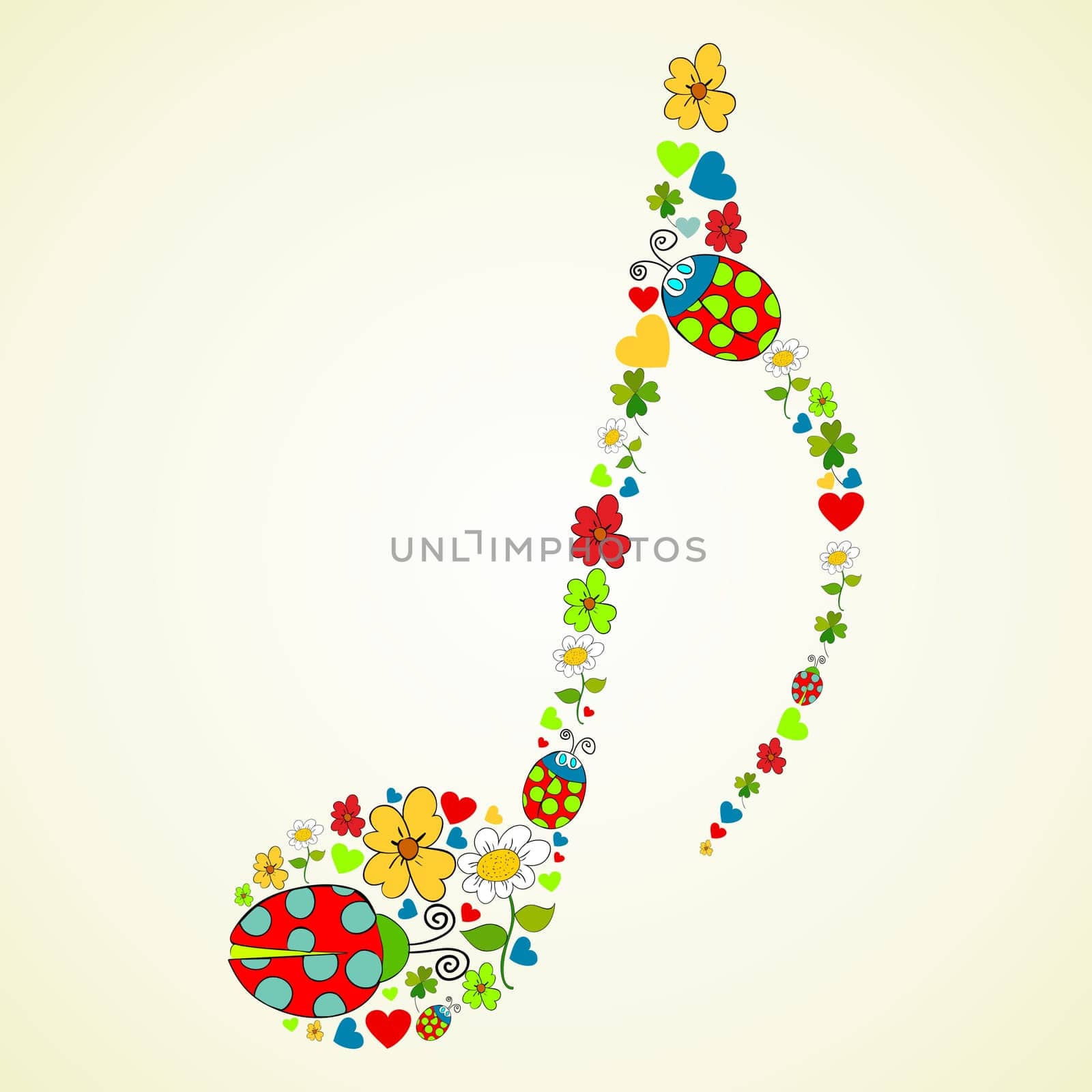 Colorful spring icons texture in music note shape composition background. Vector illustration layered for easy manipulation and custom coloring.