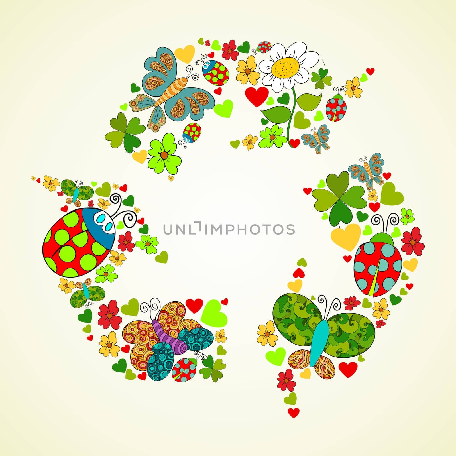 Spring flower and butterfly icons texture in recycle icon shape composition background. Vector illustration layered for easy manipulation and custom coloring.