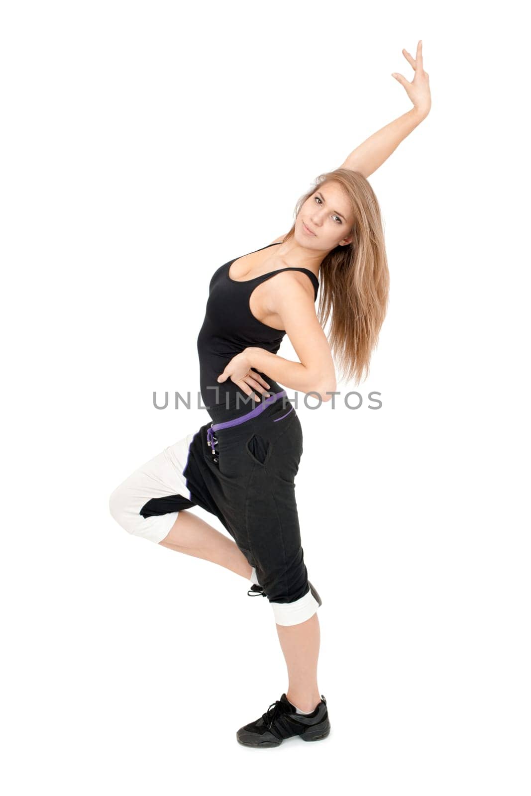 Freestyle stretchy woman dancer against white background.