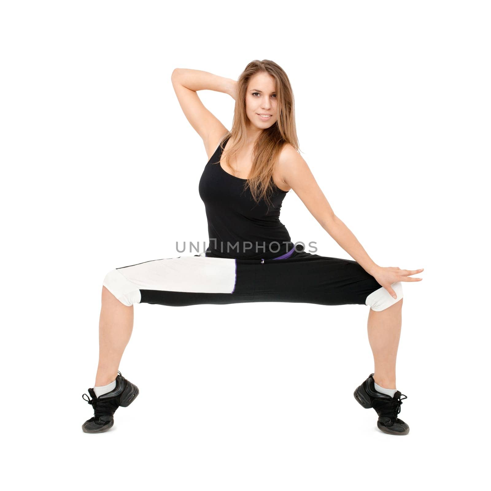 Freestyle woman dancer against white background.