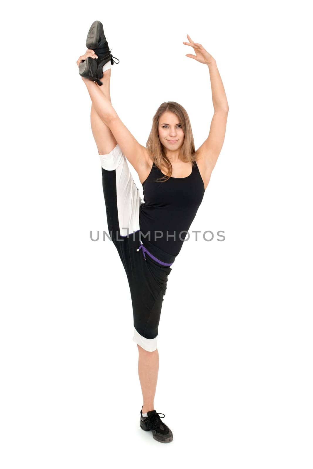 Freestyle stretchy woman dancer against white background.