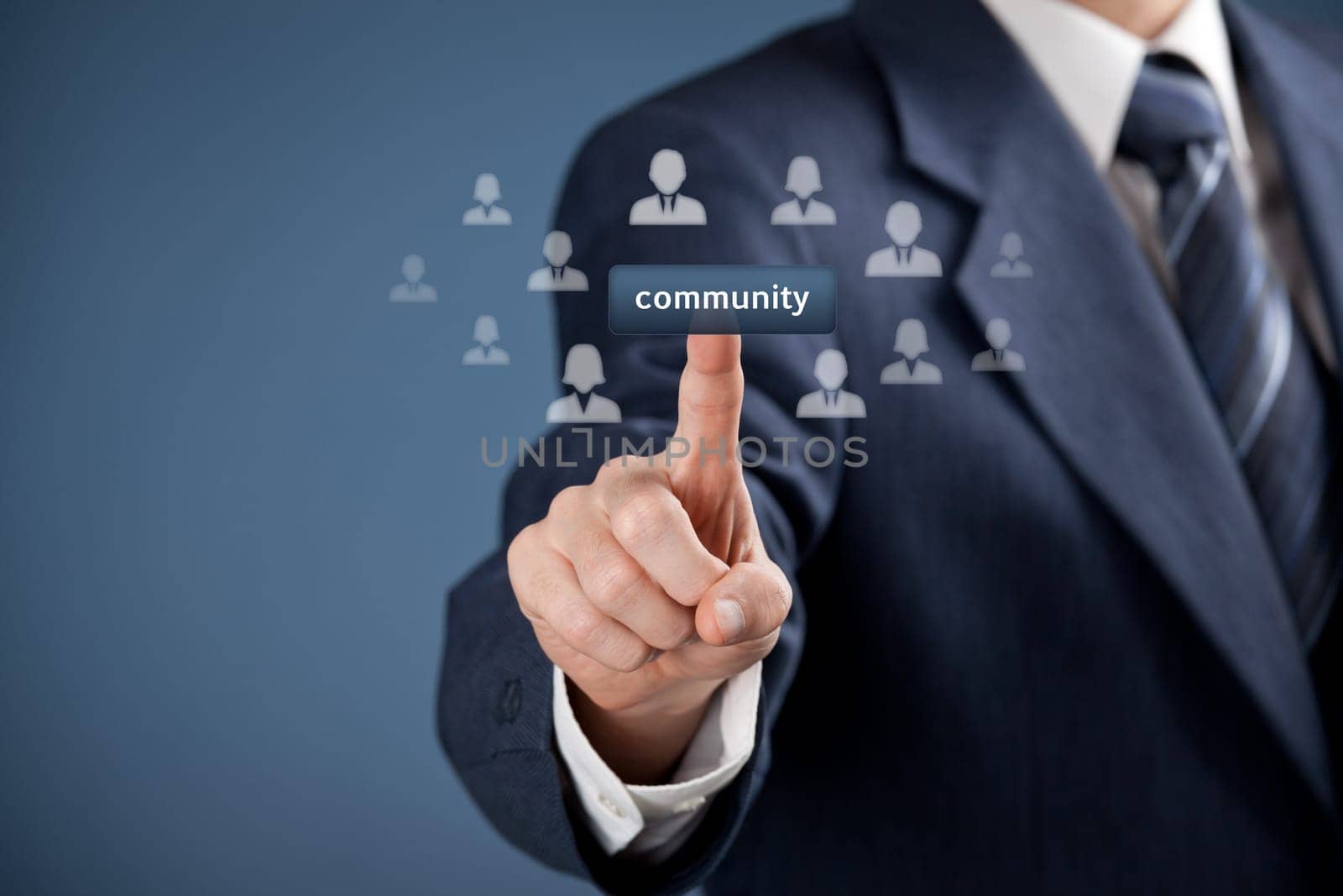 Community concept. Man Click on community button, people in community represented by icons.