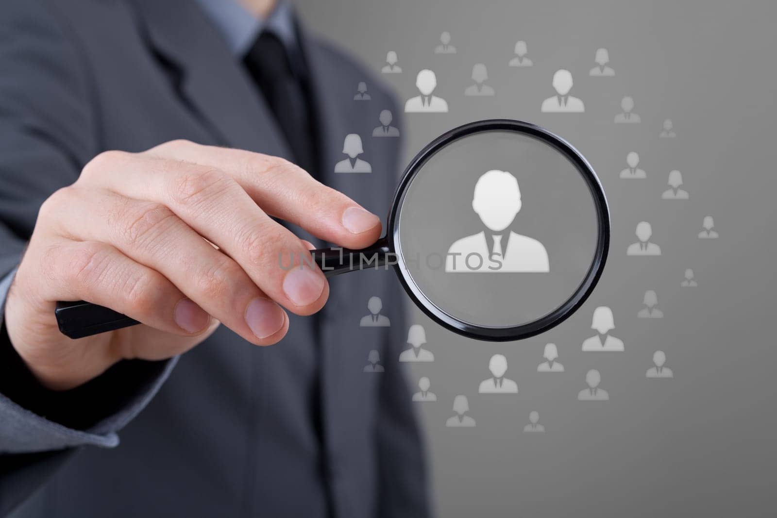 Human resources, CRM, data mining and social media concept - officer looking for employee represented by icon. Gender discrimination in employees selection.