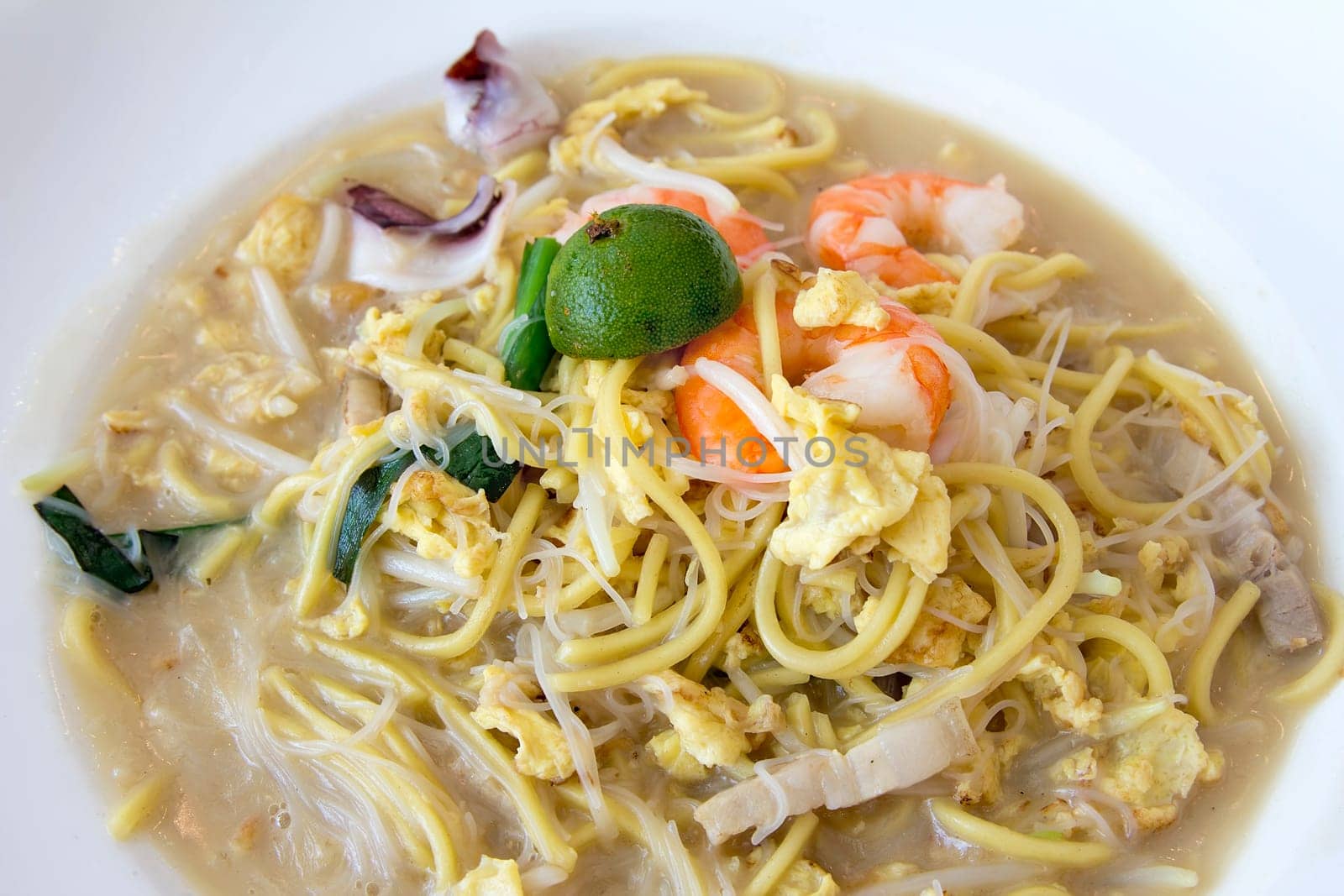 Hokkien Stir Fry Yellow Noodles and Rice Noodles with Prawns Squids Eggs and Pork Closeup