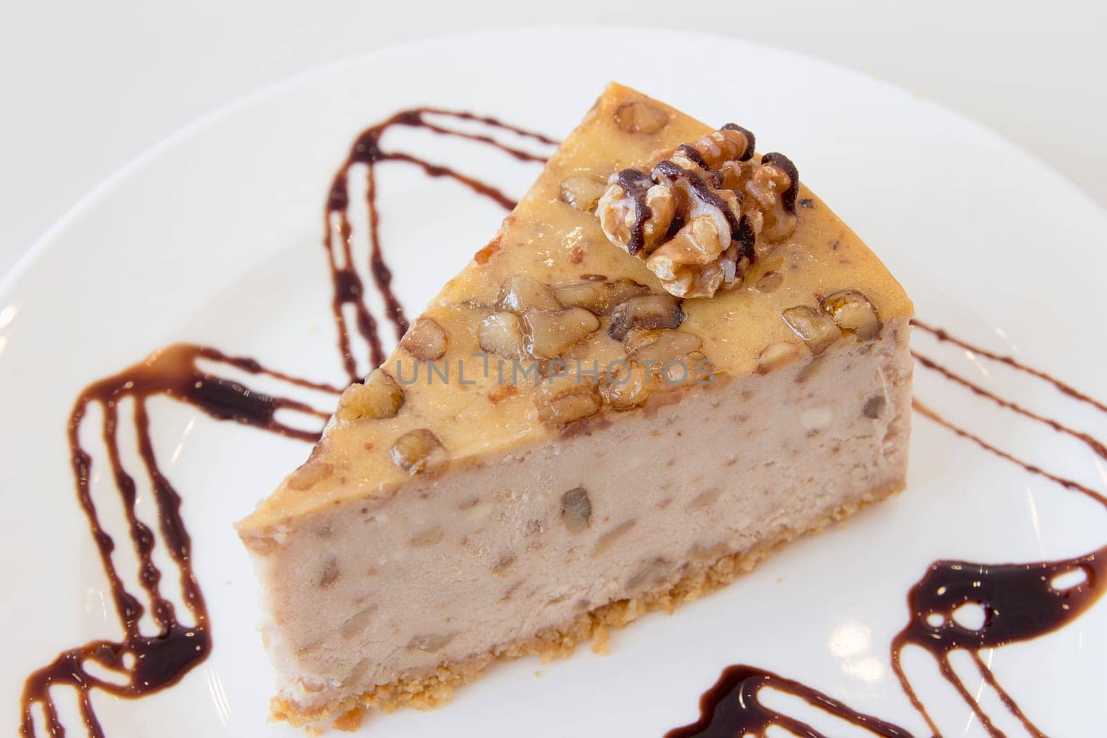 Walnut Cheesecake Slice with Dark Chocolate Drizzle on White Plate Macro