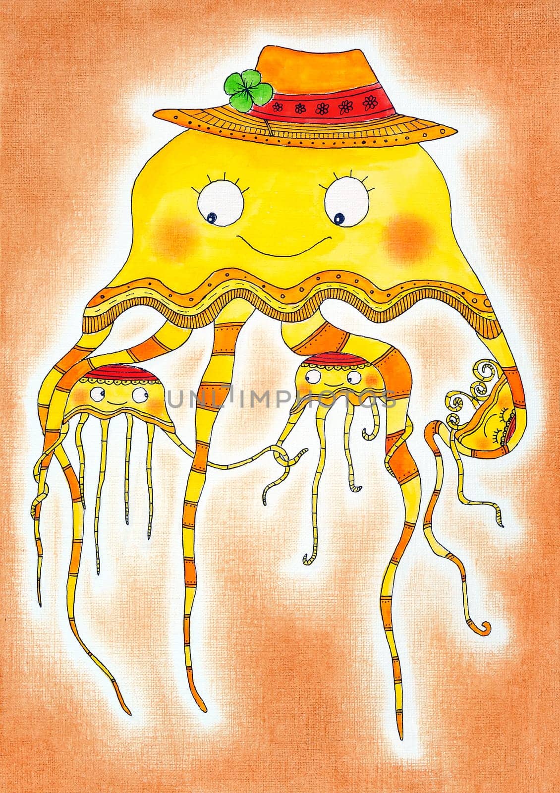 Jellyfish family, child's drawing, watercolor painting on paper
