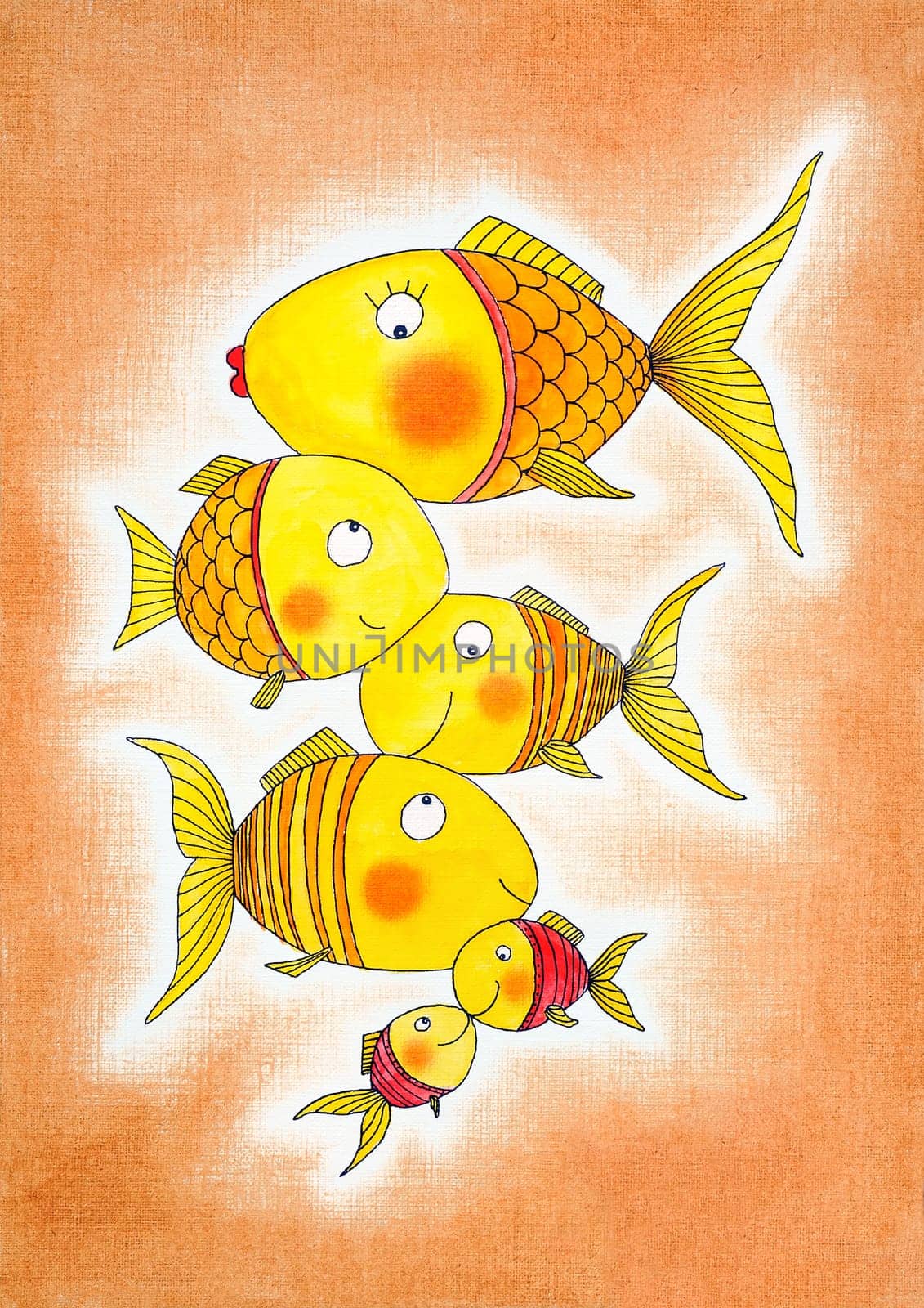 Group of gold fish, child's drawing, watercolor painting on paper