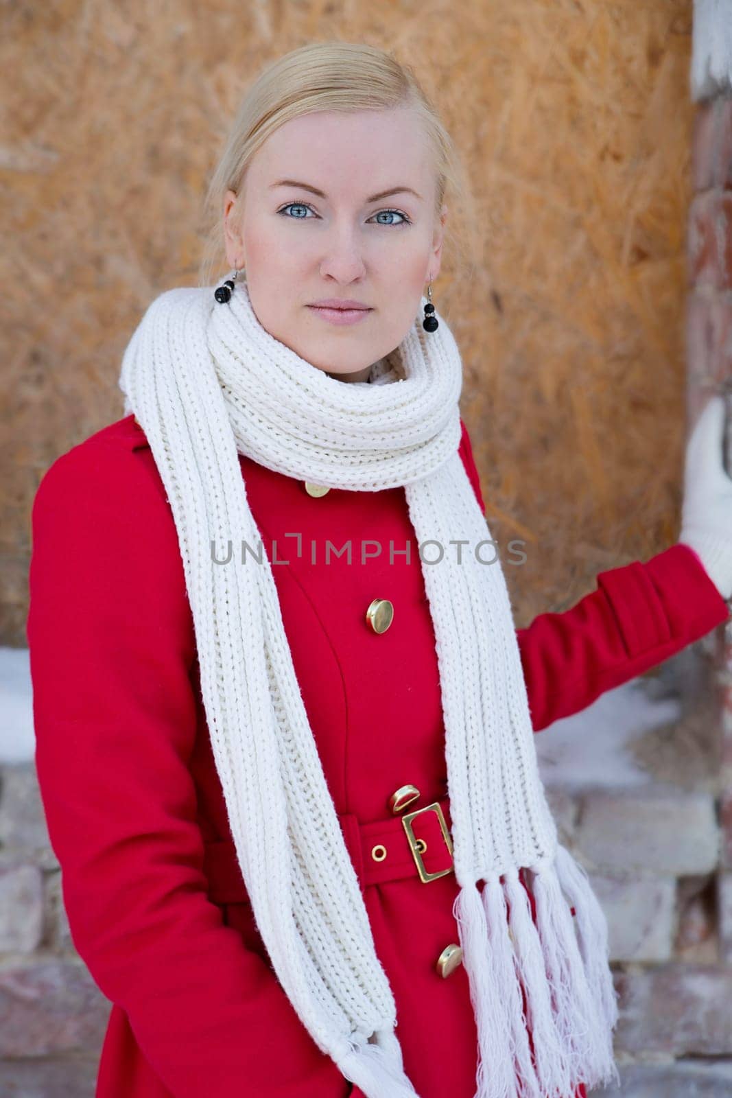 Young woman watch on camera at winter day