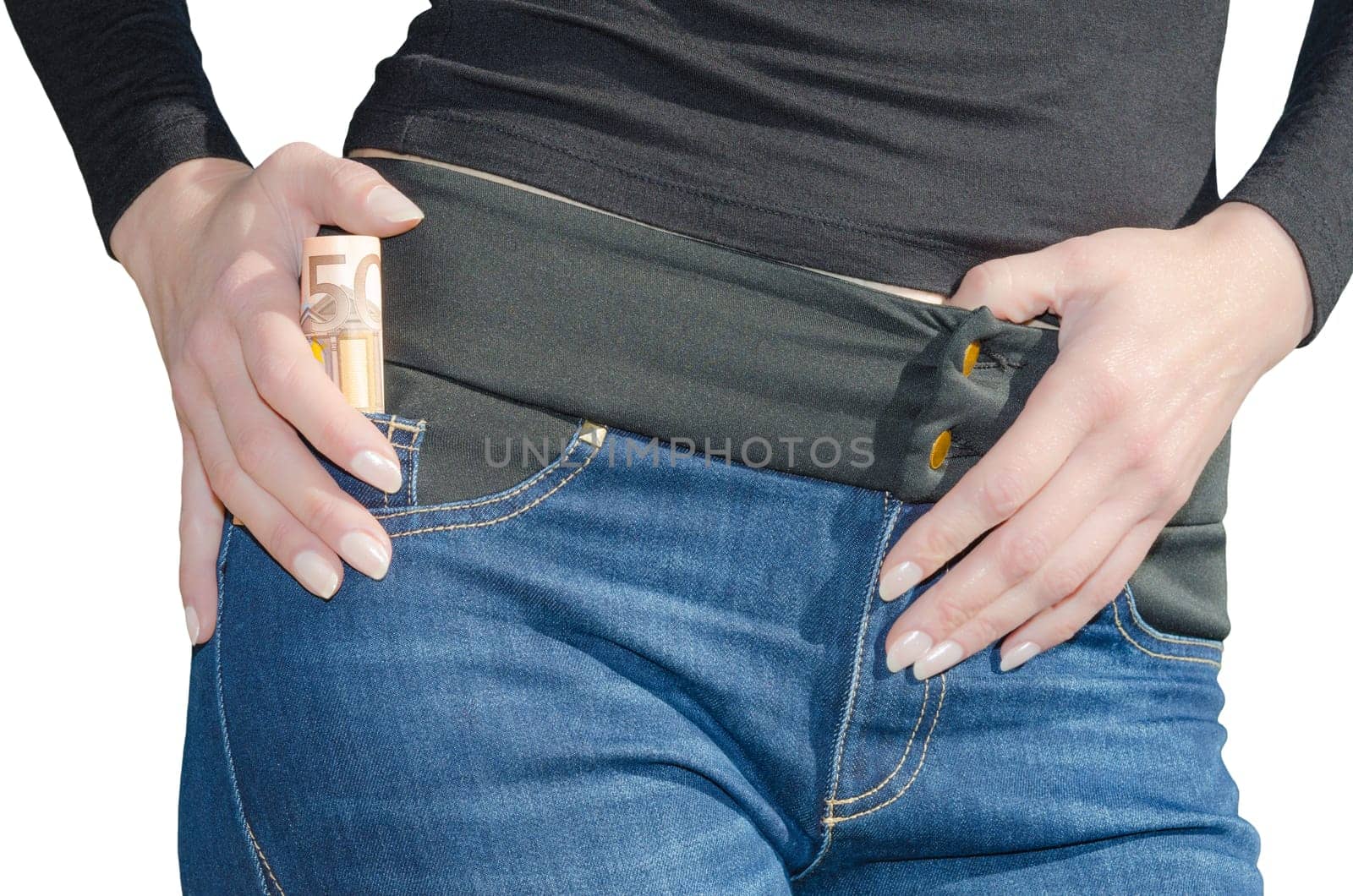 Beautiful young woman with roll of 50 euro in side pocket isolated on white